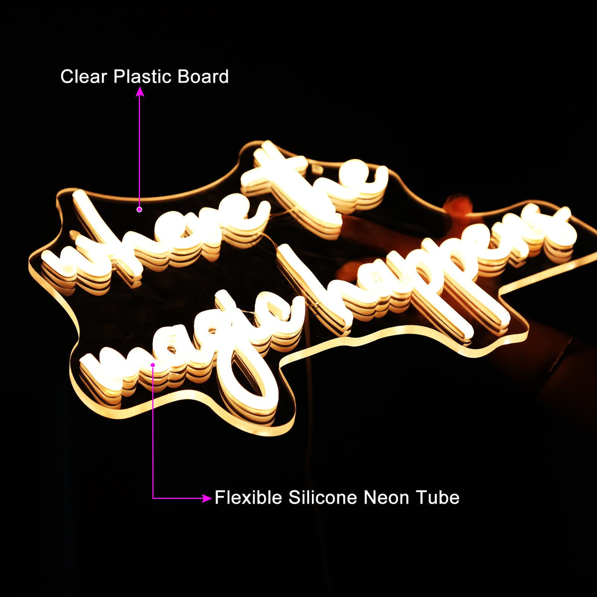 Neonawall Where The Magic Happens Neon Sign Led Light Up Signs for Wall Decor Usb Powered Letter Neon Light Signs for Bedroom Wedding Decor Birthday Party Shop Man Cave 22 x 13''(Warm White)