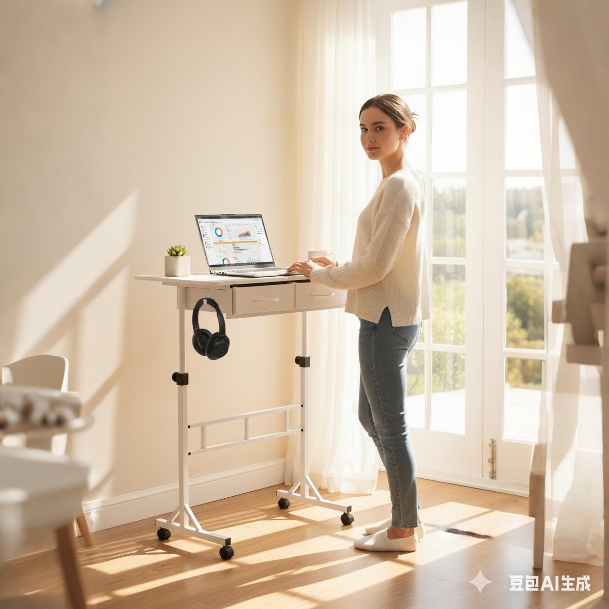 PapeFolicer Small Standing Desk for Walking Pad with Drawers, 27.6"-49.2" Adjustable Folding Standing Desk, 32in Portable Standing Desk on Wheels, Rolling Desk for Home/Classroom/Office, White