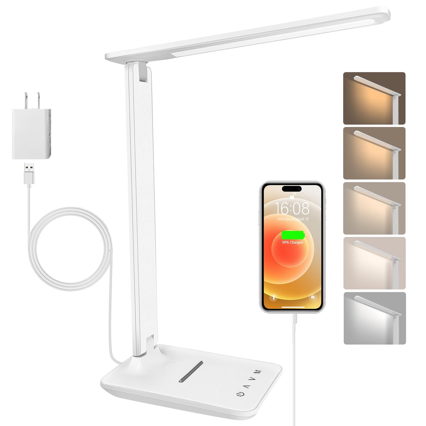 shinelife LED Desk Lamp for Office Home, Bright Desk Light with USB Charging Port, Adjustable Dimmable Desk Lamps 5 Modes 5 Brightness, Touch Study Lamp for Nail, Craft, Puzzle, Sewing, Study, White
