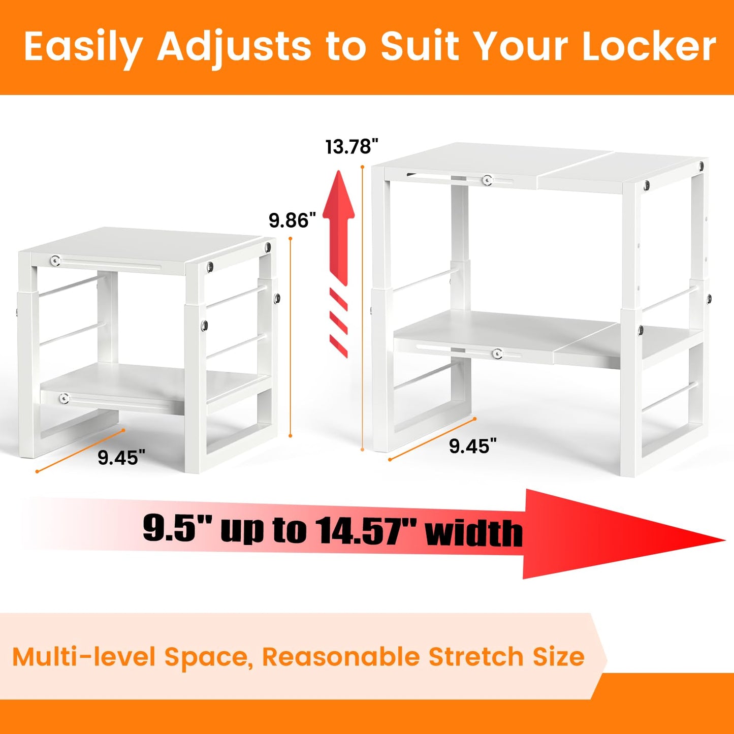 LIDTOP Locker Organizer Shelf White, Metal Adjustable Width and Height, Ideal Locker for School, Office, and Gym Lockers, Extends Locker Storage Organization