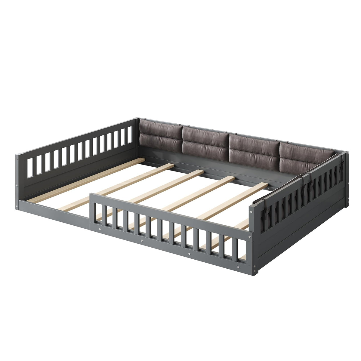 Merax Full Size Upholstered Platform Bed with Guardrail & Pillow, Solid Pine Wood Bed Frame, No Box Spring Needed, 600 lbs Capacity Safety Guaranteed Easy to Assemble for Bedroom, Gray