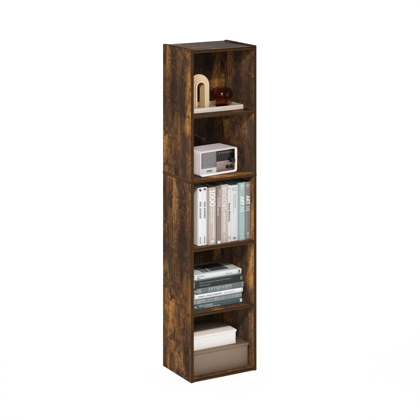Furinno PASIR Book Shelf, 5-Tier Modern Bookshelf, Open Shelves Bookcase 9 x 12 x 52, Easy Assembly, for Living Room, Bedroom, Home Office, Amber Pine