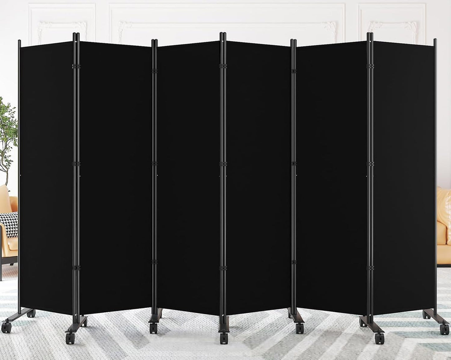 SUNALLY Room Divider 6FT Folding Privacy Screens with Lockable Wheels, 6 Panel Room Partition for Room Separator, 132" W Freestanding Portable Fabric Wall Dividers for Home Dorm Studio Office, Black
