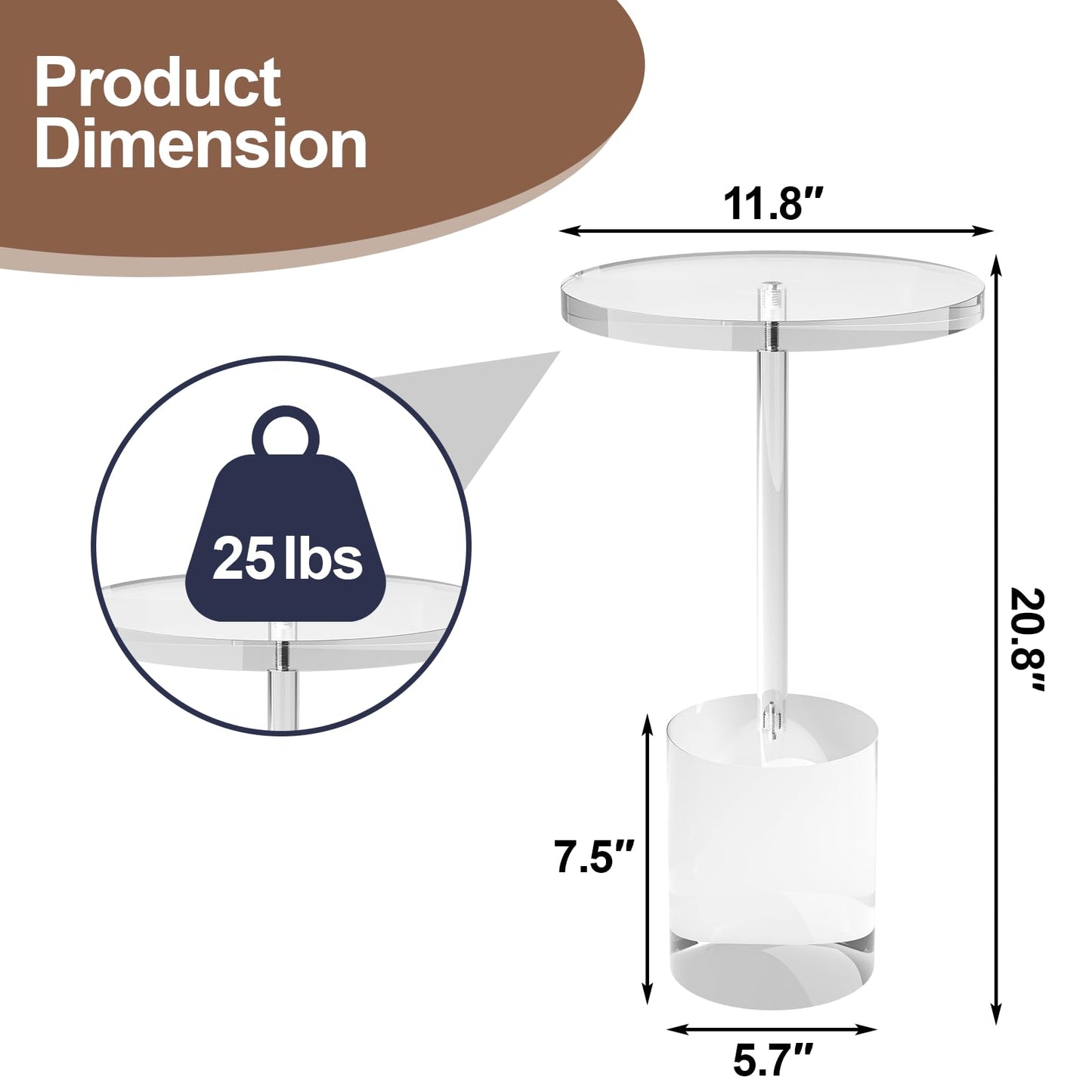 DigDozer Acrylic End Table, Modern Minimalist Acrylic Side Tables, Clear Side Table for Living Room, Bedroom, Office, Drink Table (12" D x 12" W x 21" H, Transparent)
