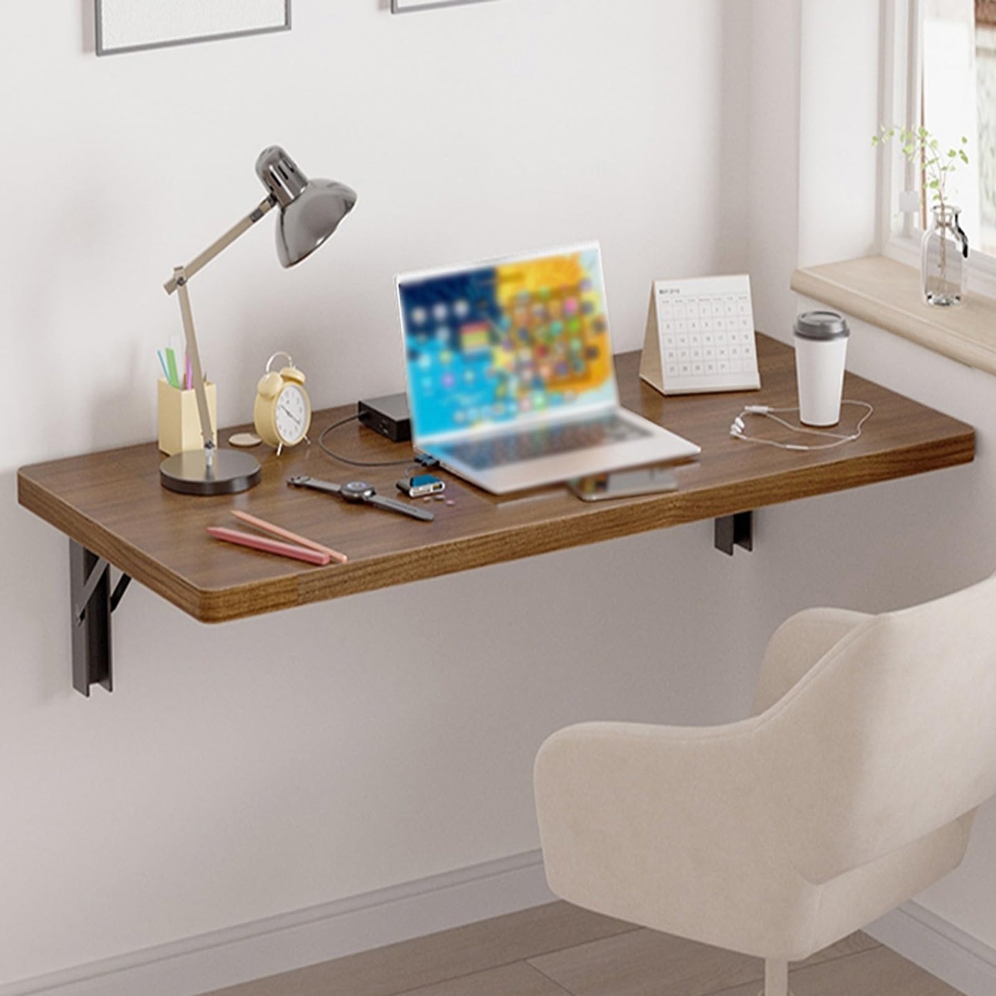 LWJQRSP Wall Mounted Folding Table – Compact Fold Down Desk for Small Spaces Ideal for Home Office Kitchen Dining Study & Workbench Walnut Finish (60x30cm)