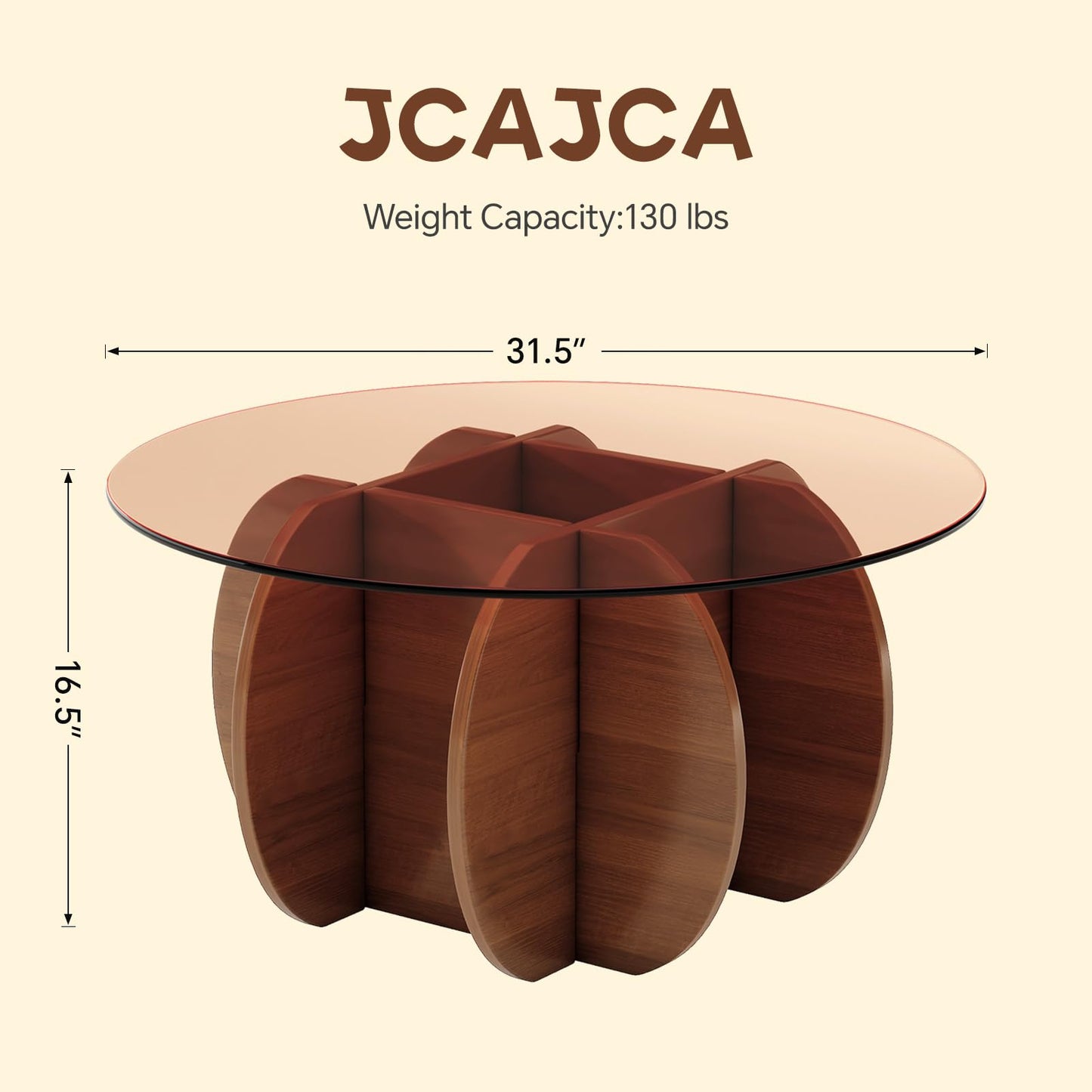 JCAJCA Coffee Table for Living Room Mid Century Modern Round Center Table with Glass Top and Wood, Walnut Brown