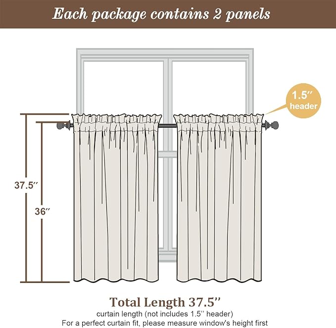 Chyhomenyc Ivory Semi Sheer Curtains 36 Inch Length, Light Filtering Faux Linen