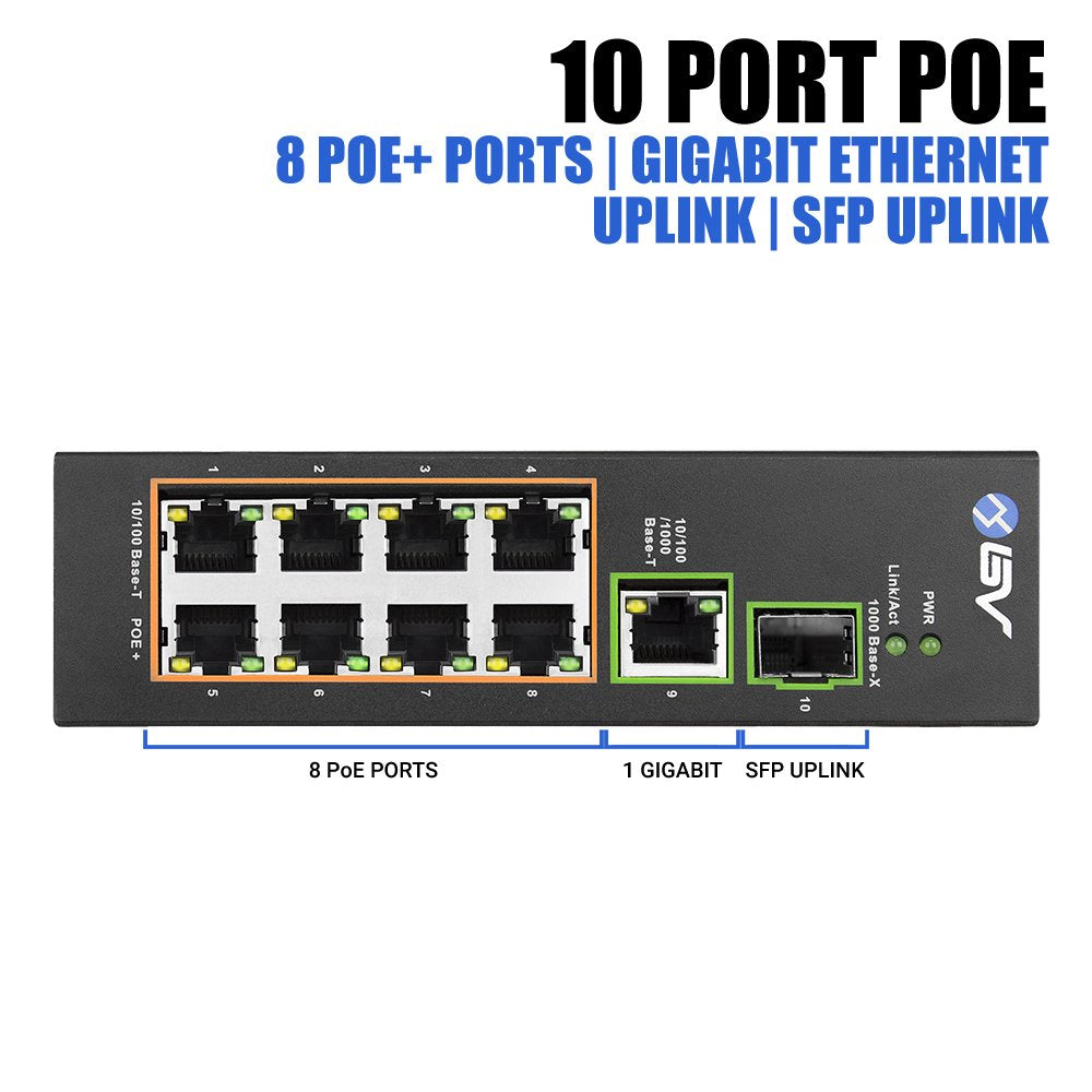 BV-Tech 8-Port Industrial PoE+ Switch (POE-SW802-DIN) | 2X 90W BT, Gigabit Uplink & SFP | PoE Watchdog & 250m Long Distance | Unmanaged DIN-Rail Power Over Ethernet for IP Cameras & APs