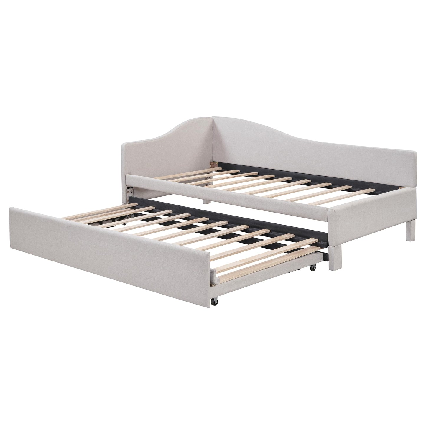 HECATEVIC Modern Linen Daybed with Trundle – Twin to King Size Convertible, No Box Spring Needed, Elegant Gray/Beige/Pink, for Living Room, Guest Room & Nursery