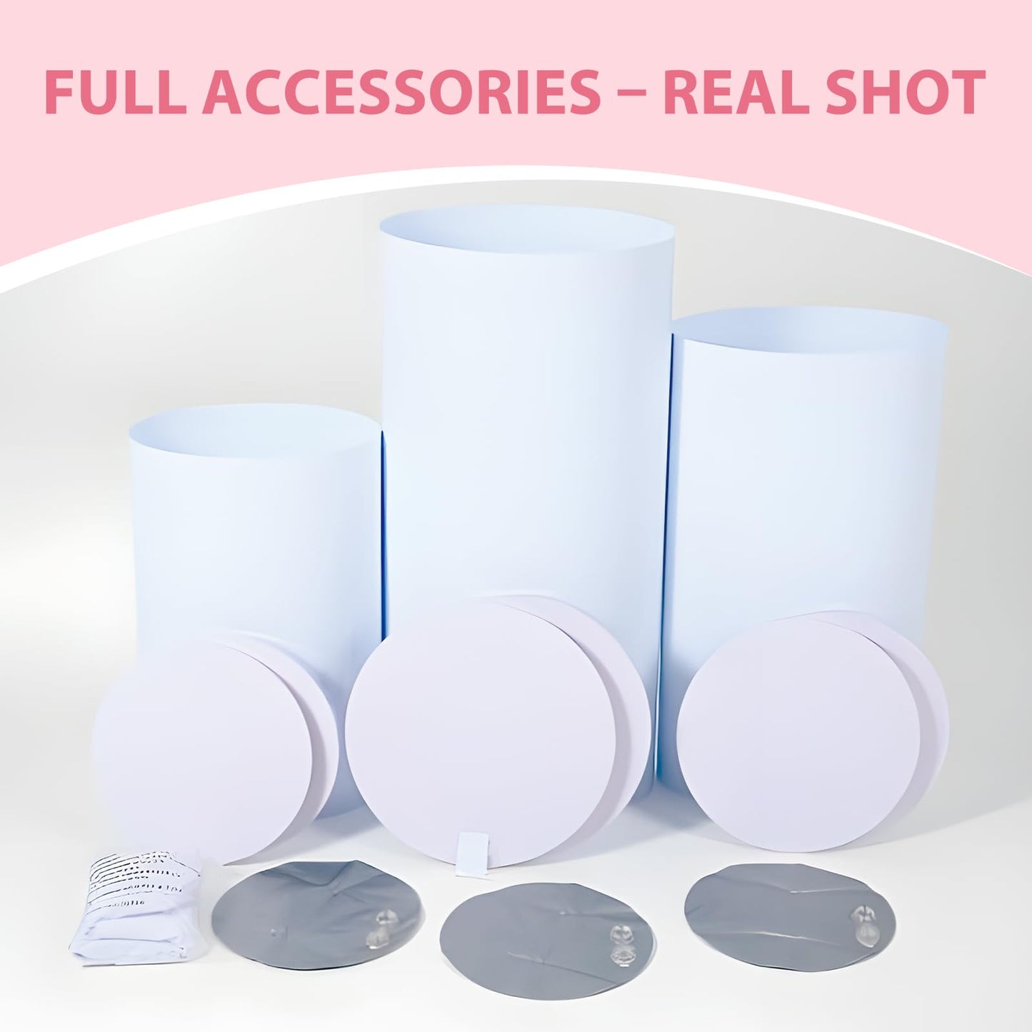 Gladeup 3 Pcs White PVC Cake Stand, Cylinder Pedestal Stands, Cylinder Stands for Party, with Weighted Water Bag & Spandex Cloth Cover for Wedding, Birthday Decor, 34.06''(L), 29.13''(M), 23.82''(S)