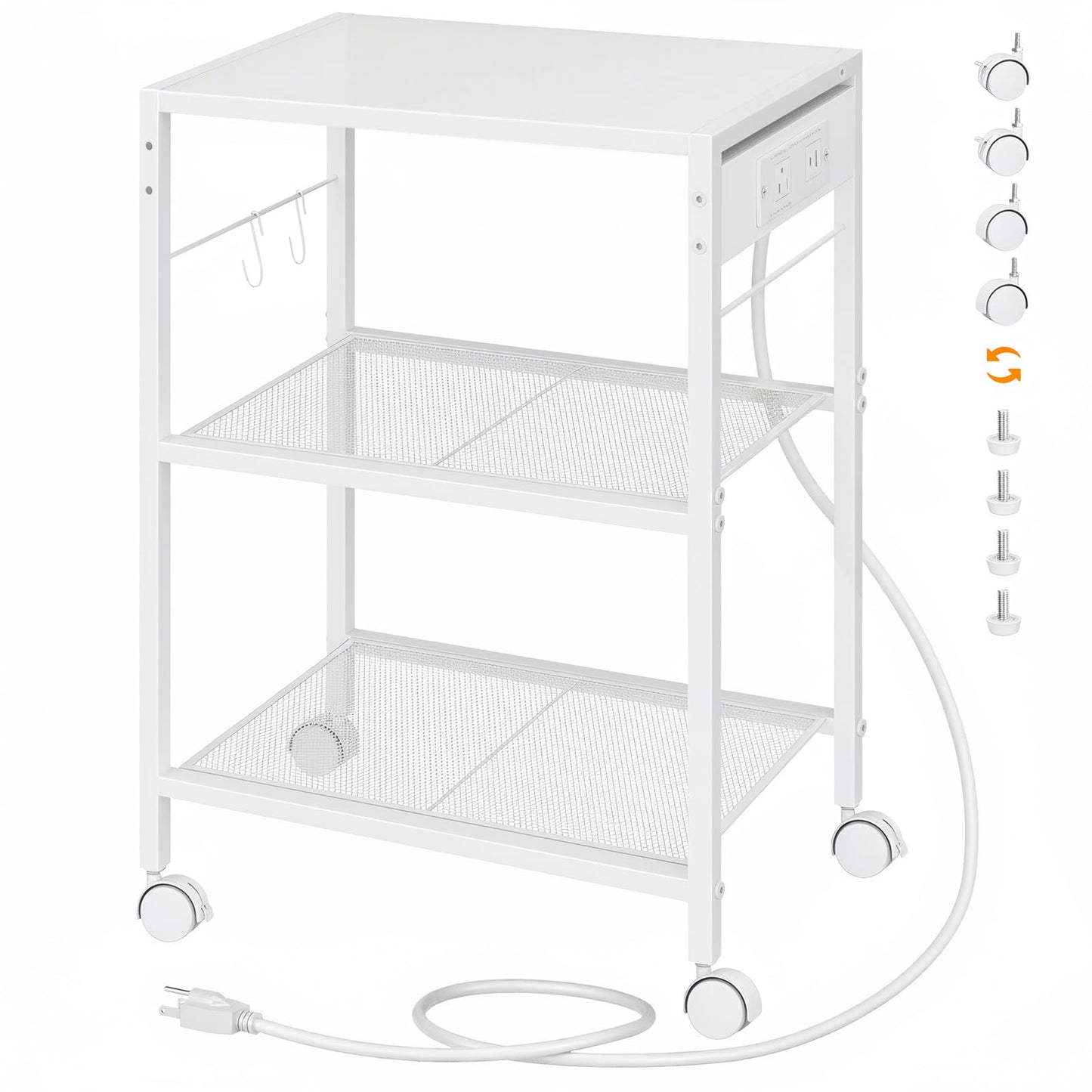 HOOBRO Industrial Printer Stand, 3-Tier Mobile Printer Table, Rolling Cart with Power Outlets and USB Ports, Home Printer Stand with 2 Hooks, for Office, Living Room, White WW22UPS01