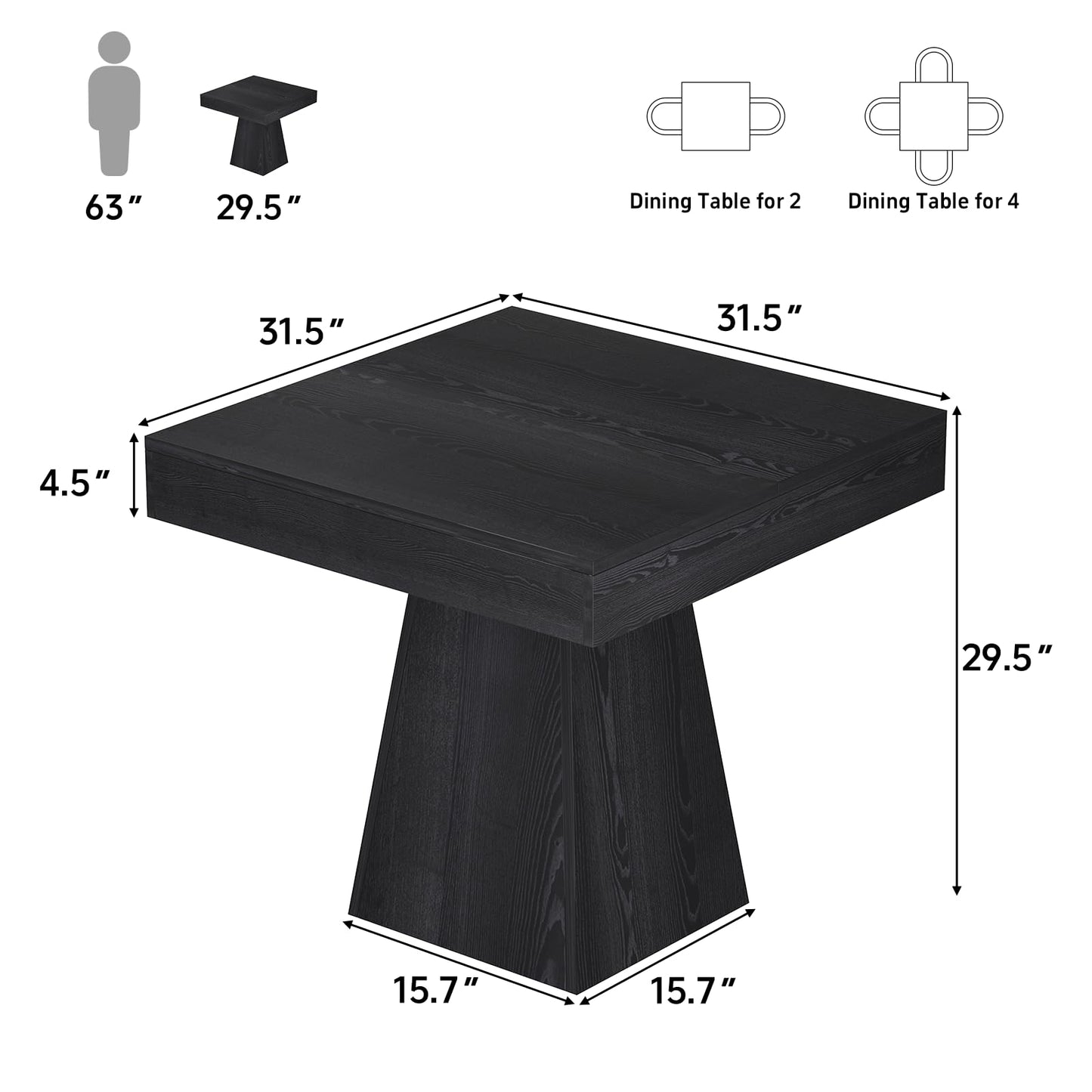 MILEFA Square Dining Table, Farmhouse Style Eating Table for 2-4 People, 31.5-inch Kitchen Table with Sturdy Pedestal Base, Wooden Dinner Table for Dining Room, Living Room, Black