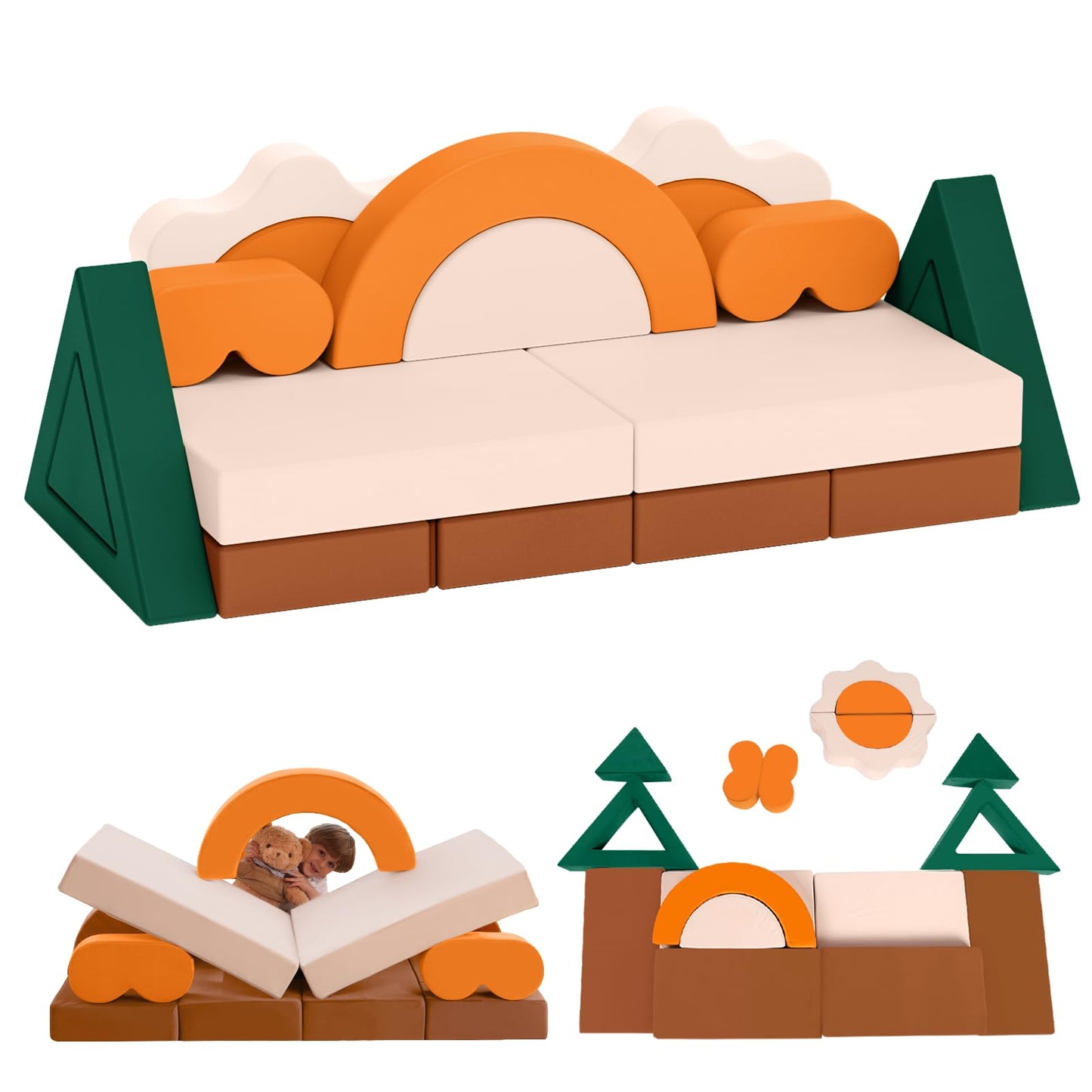 Erament 18PCS Modular Kids Play Couch - Junlge Theme Toddler Couch Building Fort, Convertible Sofa Multifunctional Kids Sofa, Toddler Baby Playroom/Bedroom Furniture for Playing, Sleeping
