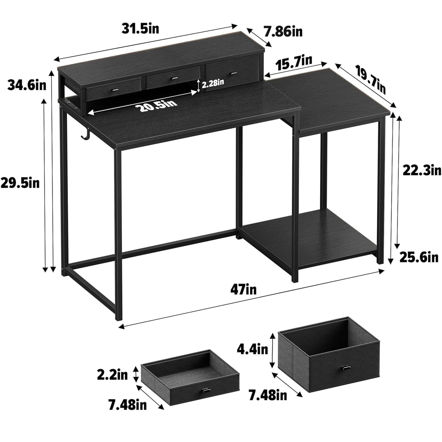 SINPAID 47 inch Computer Desk with Printer Shelf, Gaming Desk with Monitor Stand and Drawers, Reversible Home Office Desk with Storage Shelves and 2 Hooks, Home Workstation for Study Writing, Black