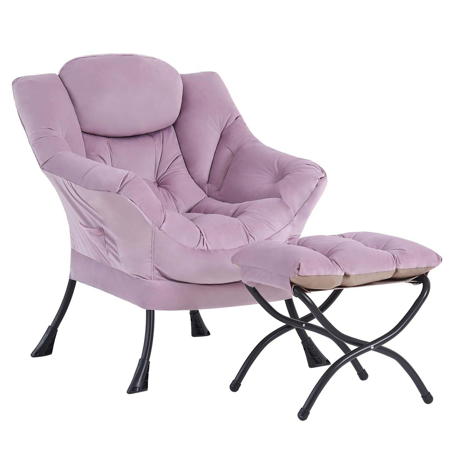 Givjoy Lazy Chair and Ottoman, Large Velvet Light Purple Accent Chair with Side Pocket, Modern Leisure Upholstered Reading Armchair with Footrest for Office, Bedroom, Living Room, Dorm Rooms, Balcony