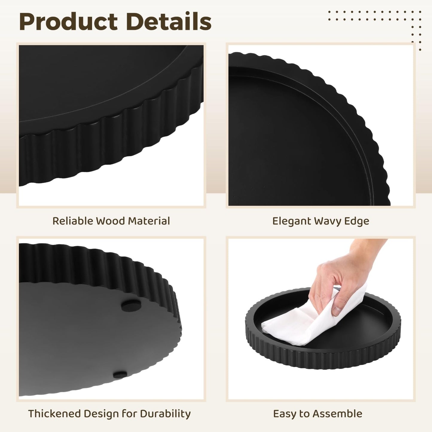 Coffee Table Tray, 11" Black Handcrafted Wood Serving Tray for Table Decor, Round Elegant Wavy Edge Decorative Serving Tray Office Desk Tray
