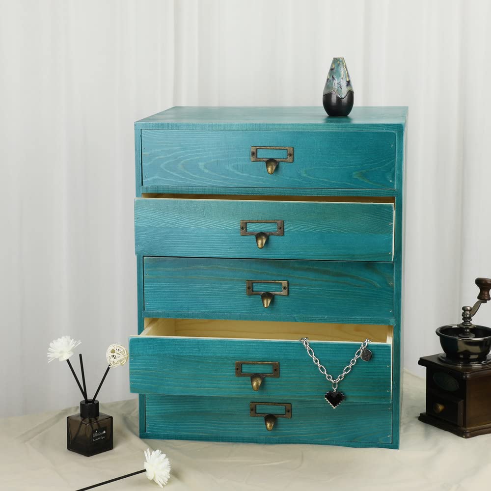 GoooodGIFT Large Wooden Drawers Rustic Desk Organizers and Accessories Wooden Storage Dox with Drawer Paper Storage Drawers Wood File Organizer Library Card Catalog Cabinet Apothecary Cabinet (L-BLUE)