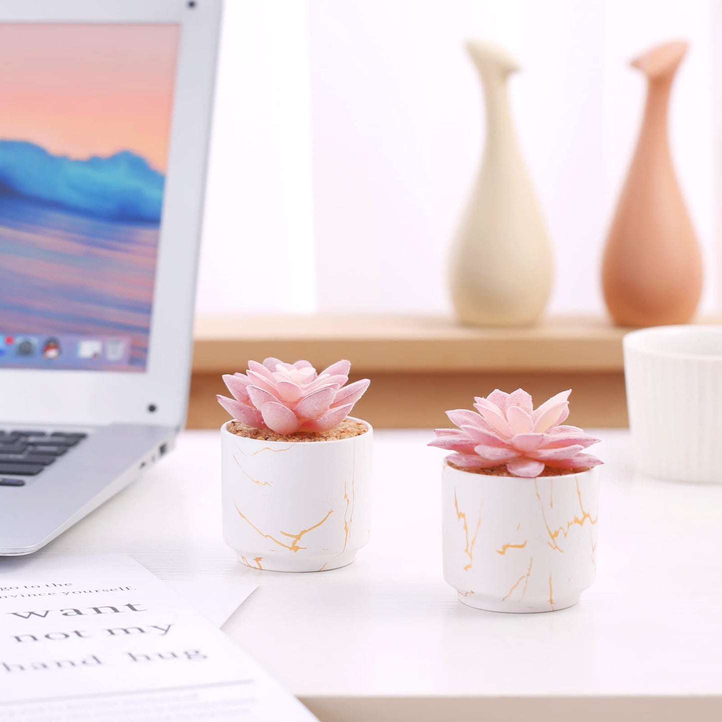ZENIDA Artificial Plants and Succulents in 2 White Ceramic Pots,Small Fake Plants for Office and Desk Decor,Bathroom, Bedroom,Shelves for Women