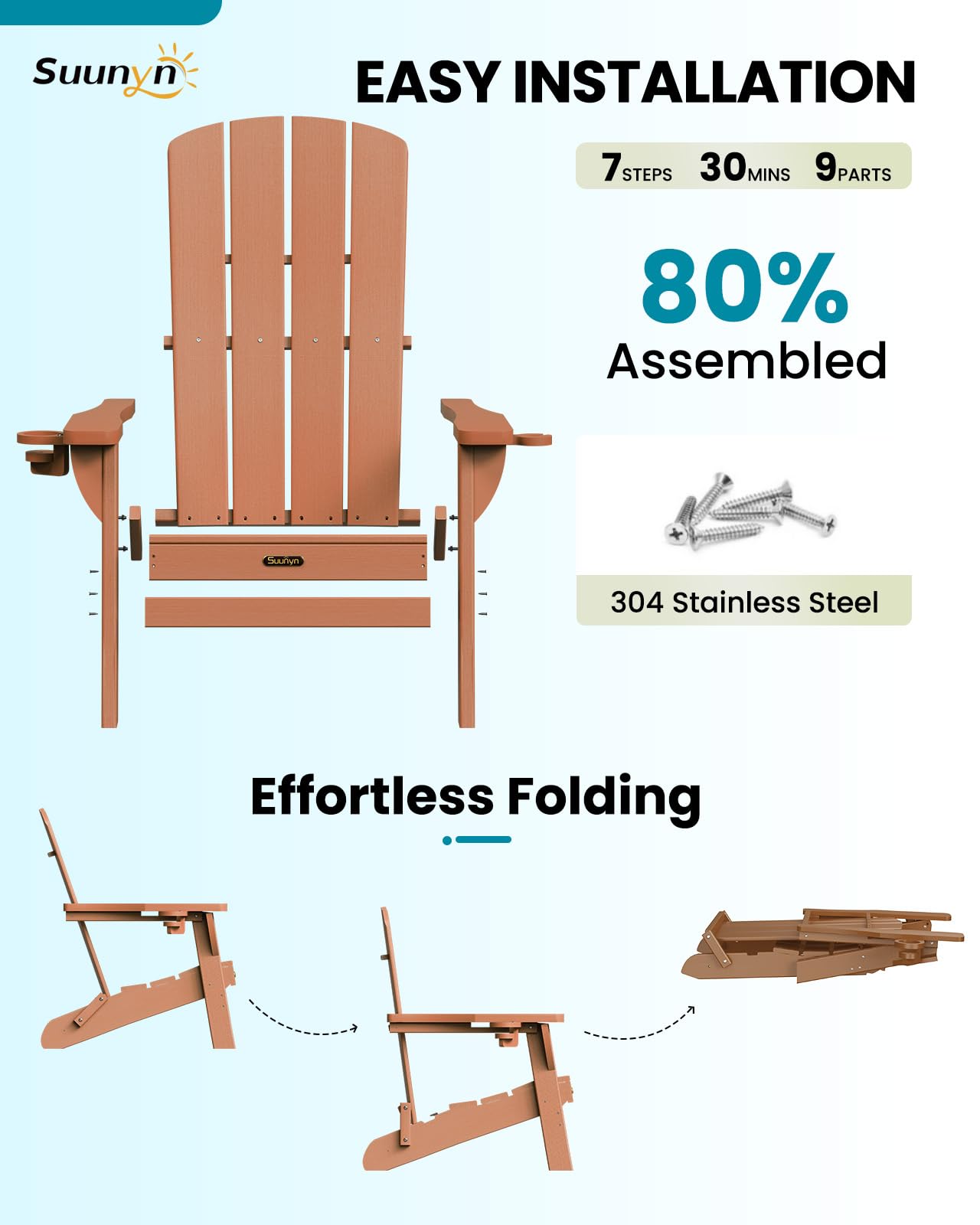 SUUNYN Folding Adirondack Chair, HDPE Adirondack Chairs with 2 Cup Holder, Plastic All-Weather Fire Pit Chairs, Outdoor Lawn Chair for Patio Garden (Teak)