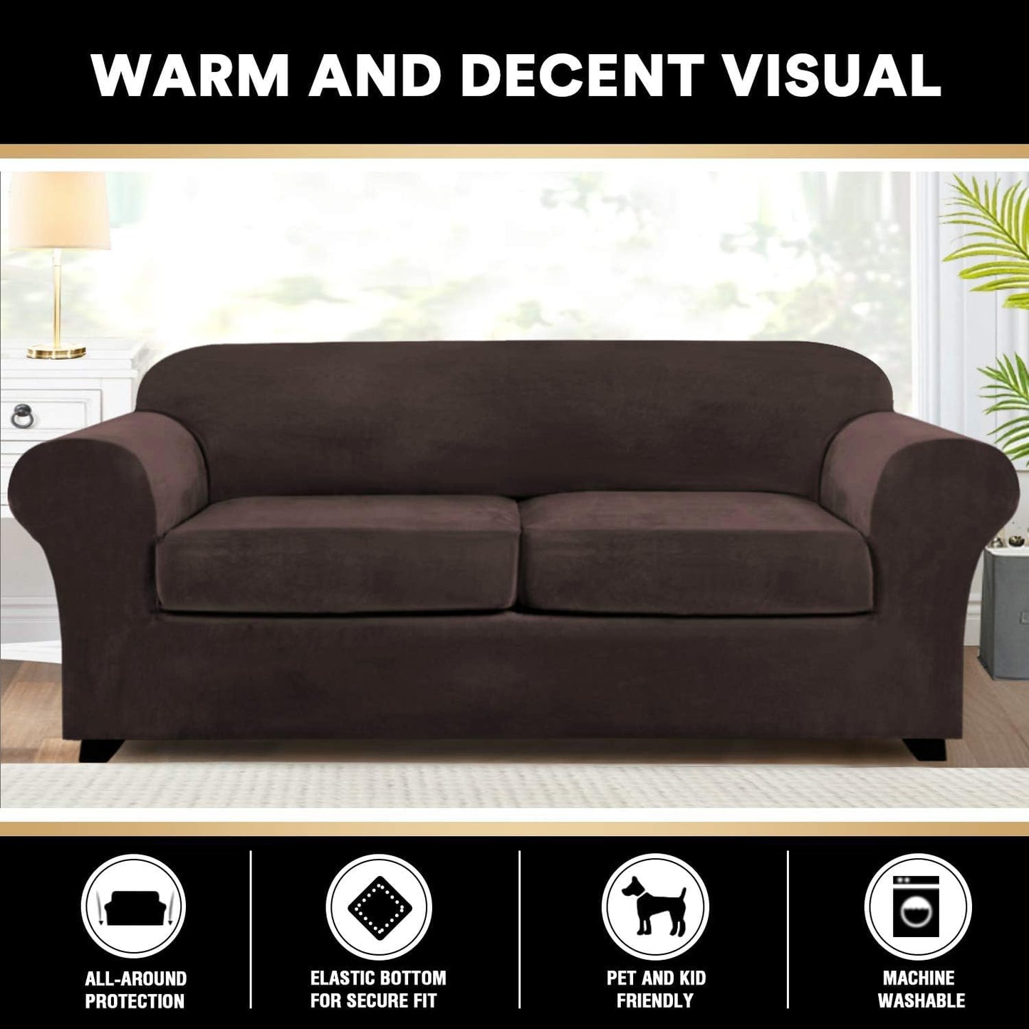 PrinceDeco Velvet Couch Cover Loveseat Covers for 2 Cushion Couch 3 Piece Sofa Covers for Dogs Washable Loveseat Covers Width Up to 72 Inch No Slip Stretch Sofa Slipcover (Medium, Brown)