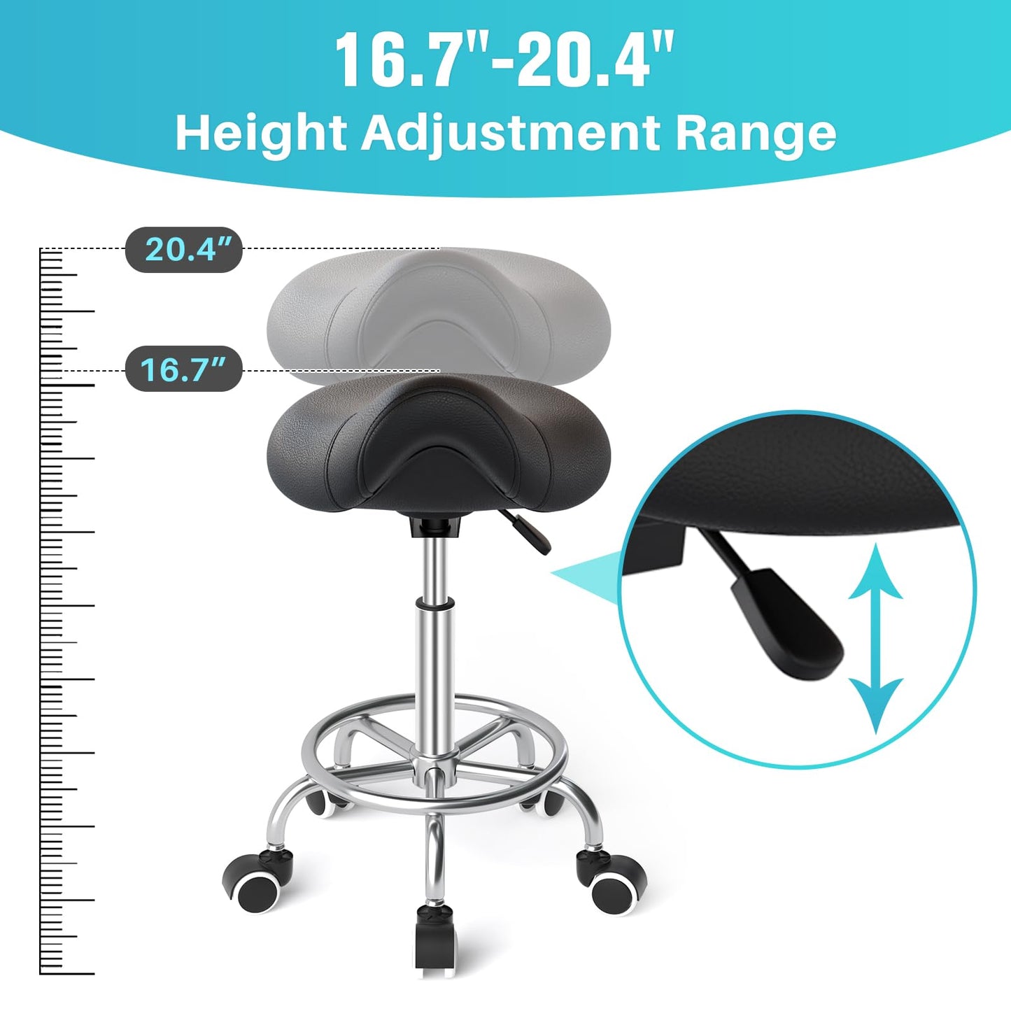 YEEZEE Saddle Stool Ergonomic- Comfortable Rolling Saddle Stool with Wide Thick Saddle Seat Padding, Swivel Adjustable Saddle Chair with Wheels and Ring Pedal for Medical Massage Salon (Dark Black)