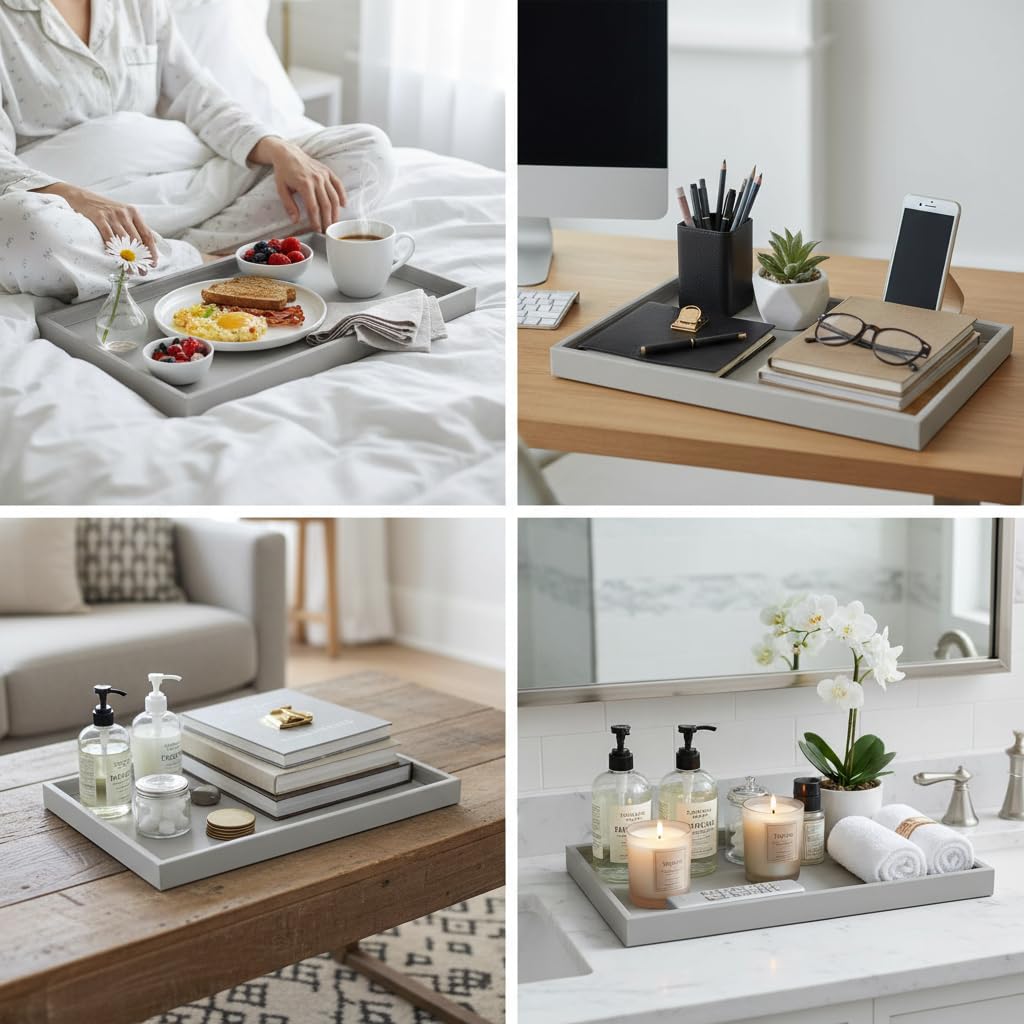 Galopgen 25 * 15 Inch Rectangular Ottoman Tray | Textured PU Leather, Waterproof & Heat-Resistant Storage for Coffee/Dining Tables, Sofa, Bed, Entertainment & Party (Tranquil Beige, 25 * 15in)