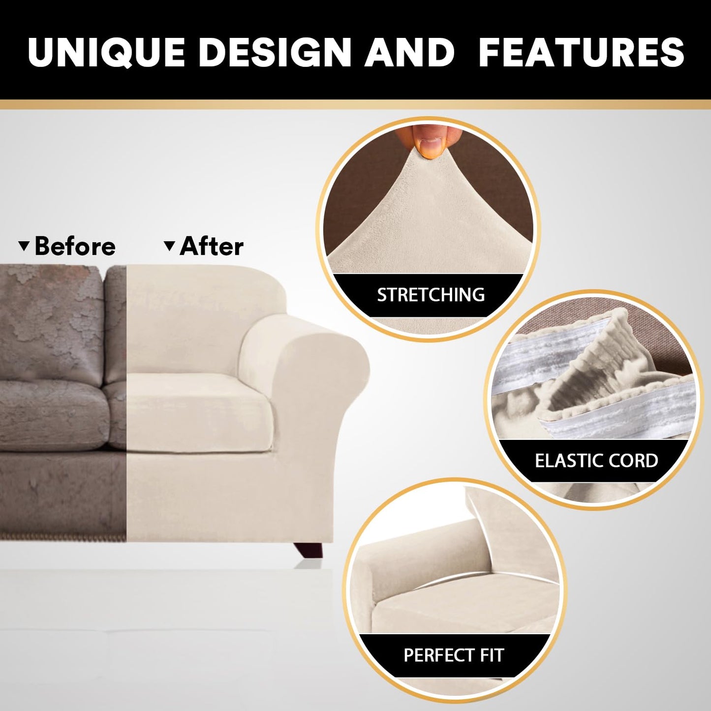 PrinceDeco Velvet Couch Cover Loveseat Covers for 2 Cushion Couch 3 Piece Sofa Covers for Dogs Washable Loveseat Covers Width Up to 72 Inch No Slip Stretch Sofa Slipcover(Medium, Ivory)