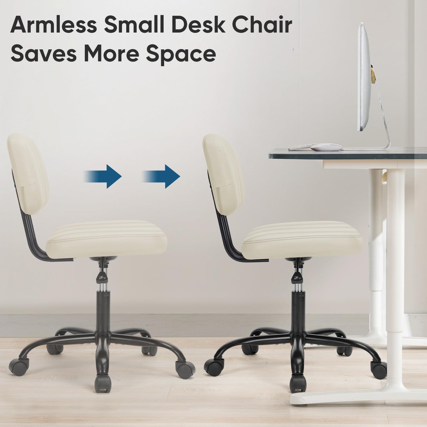 DUMOS Armless Home Office Desk Chair -Small Ergonomic with Low Back Lumbar Support, Height Adjustable PU Leather Computer Task with 360° Swivel Rolling Wheels, for Small Space, Beige White