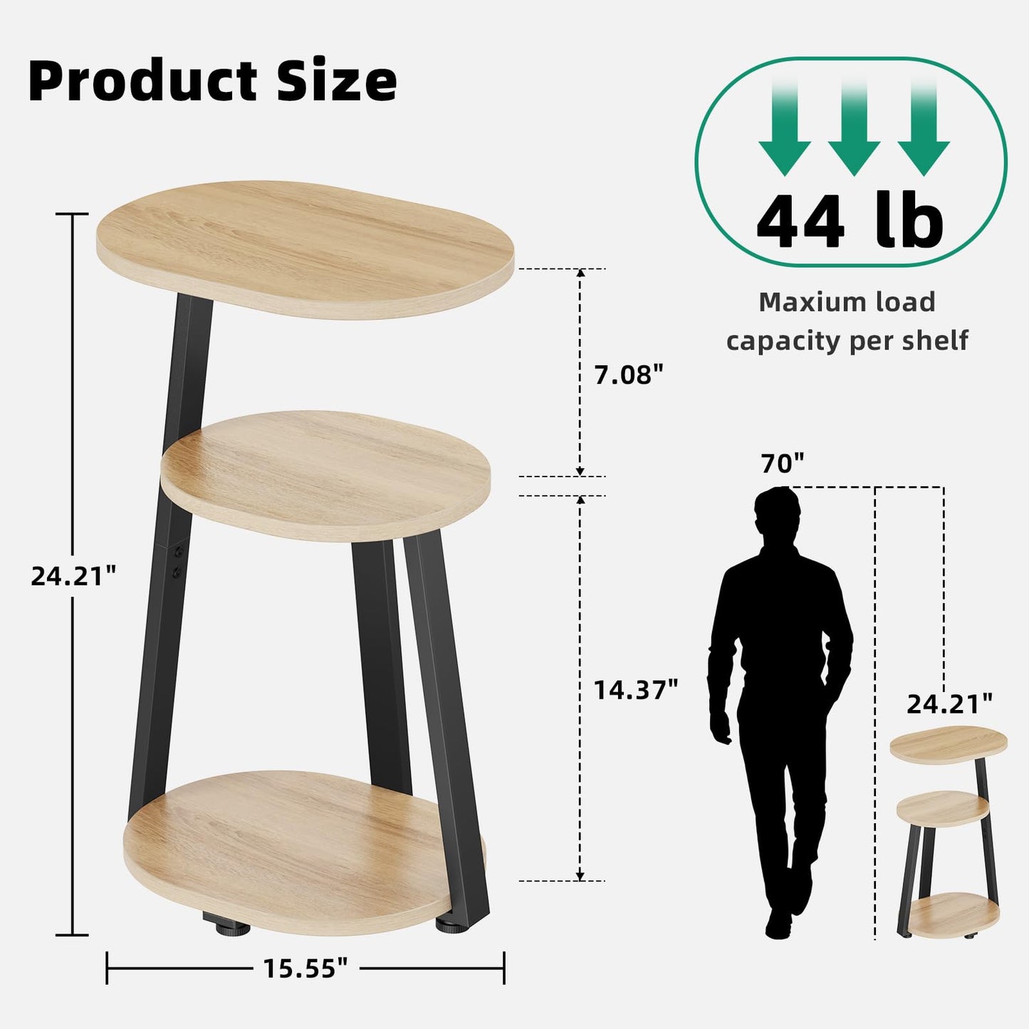 Kalrin Side Table, Small End Table with Metal Frame, 3-Tier Bedside Tables, Round Side Tables for Living Room Bedroom Couch Bathroom, Oval, Modern Oak