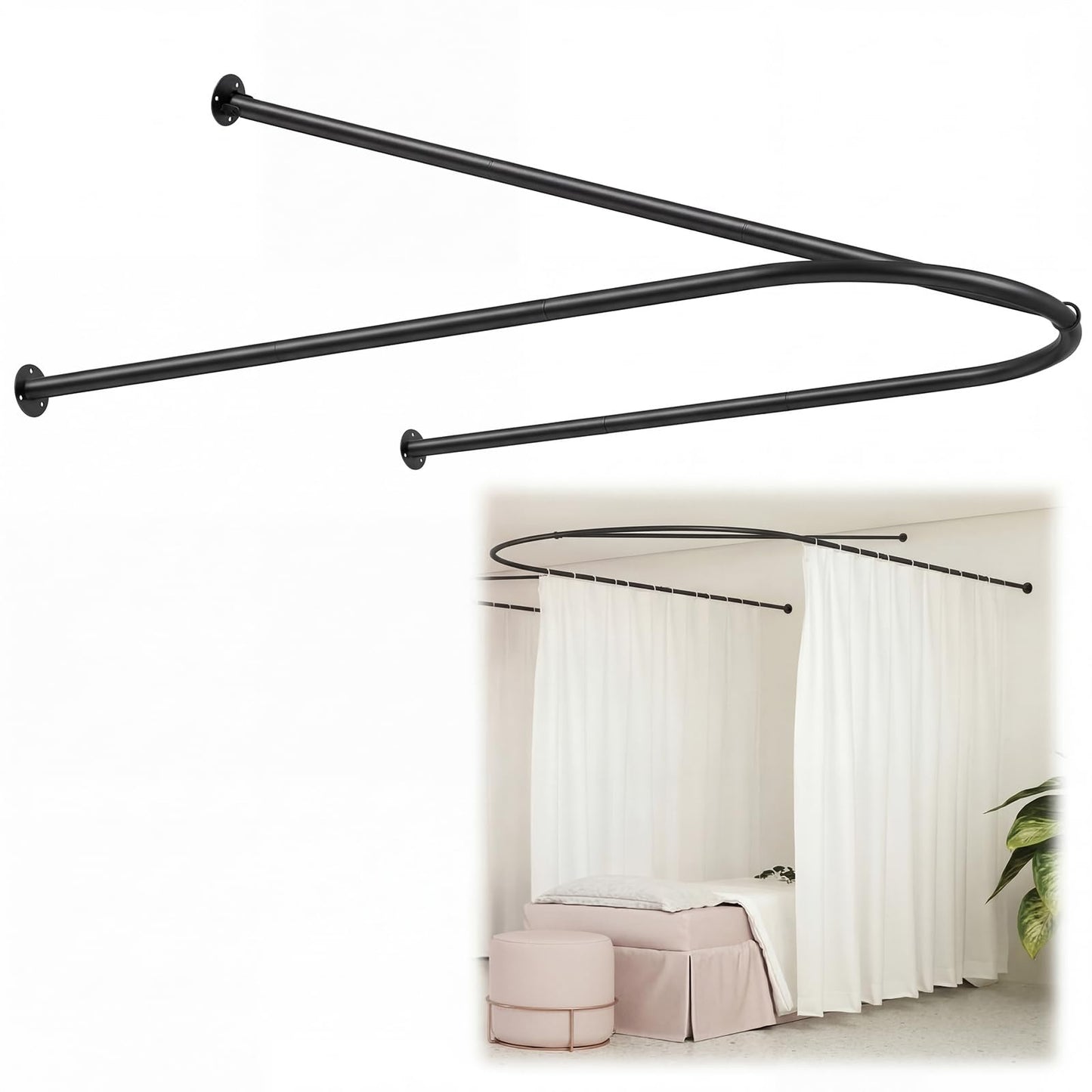 Zonon Black U Shaped Room Divider Curtain Rod 90.55" x 47.24" Rod with Ceiling Support Curtain Track, Privacy Divider, for Beauty Salon, Fitting Room, Hospital, Hotel (No Curtains)