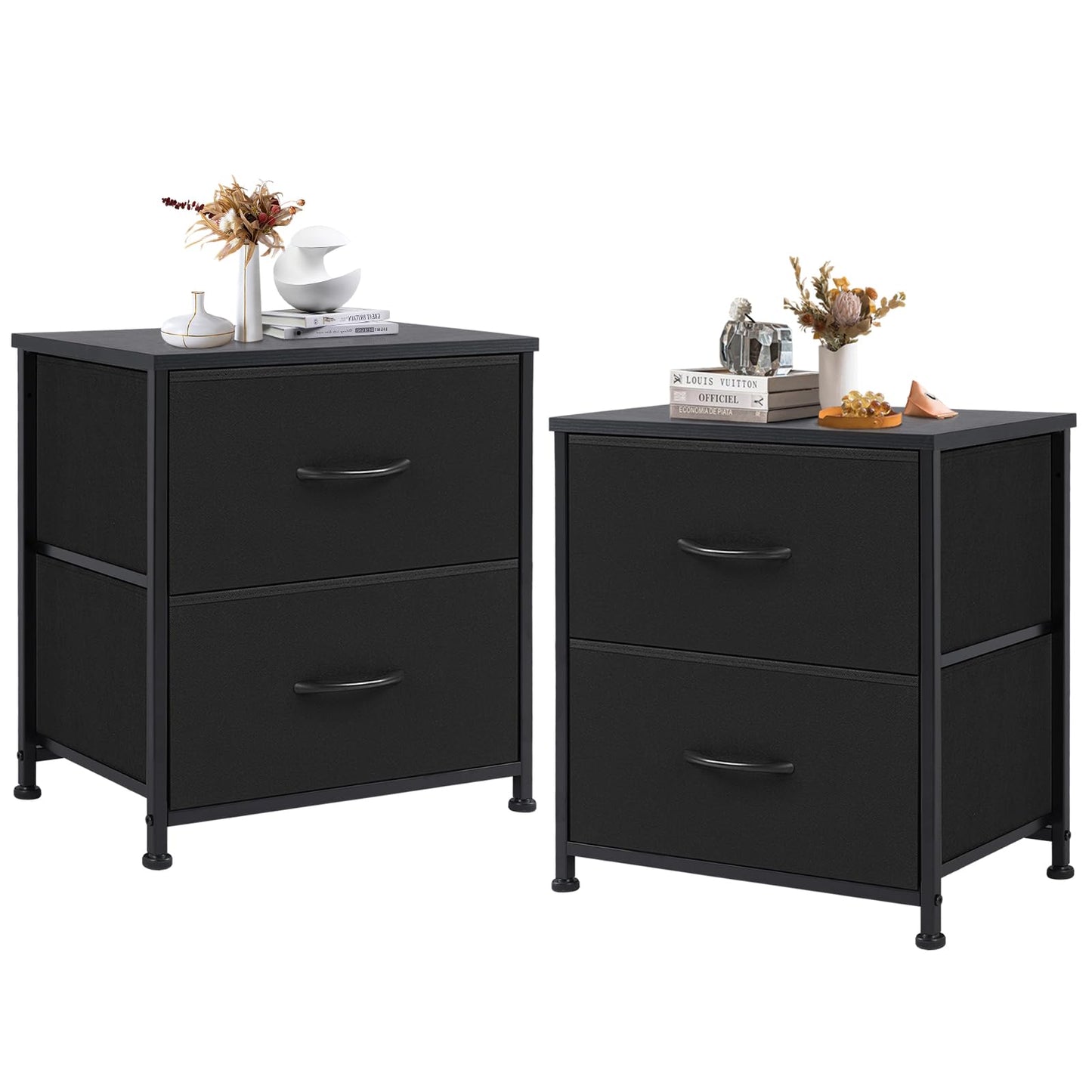 DUMOS Nightstand Set of 2, Small Dresser with 2 Fabric Drawers Side Bedroom End Table Kids Bedside Storage Furniture for 25 inch Tall Night Stand for Closet, Entryway, College Dorm, Classic Black
