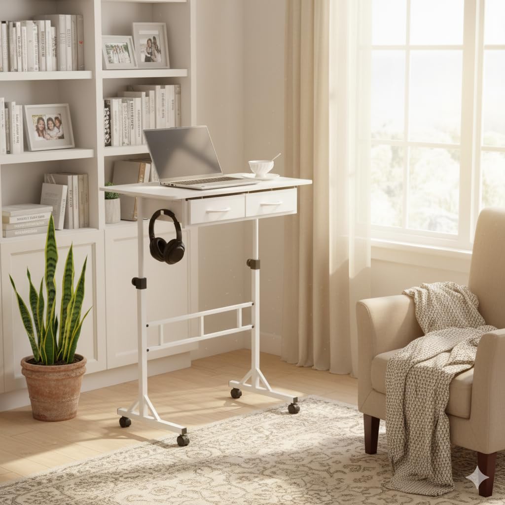 PapeFolicer Small Standing Desk for Walking Pad with Drawers, 27.6"-49.2" Adjustable Folding Standing Desk, 32in Portable Standing Desk on Wheels, Rolling Desk for Home/Classroom/Office, White