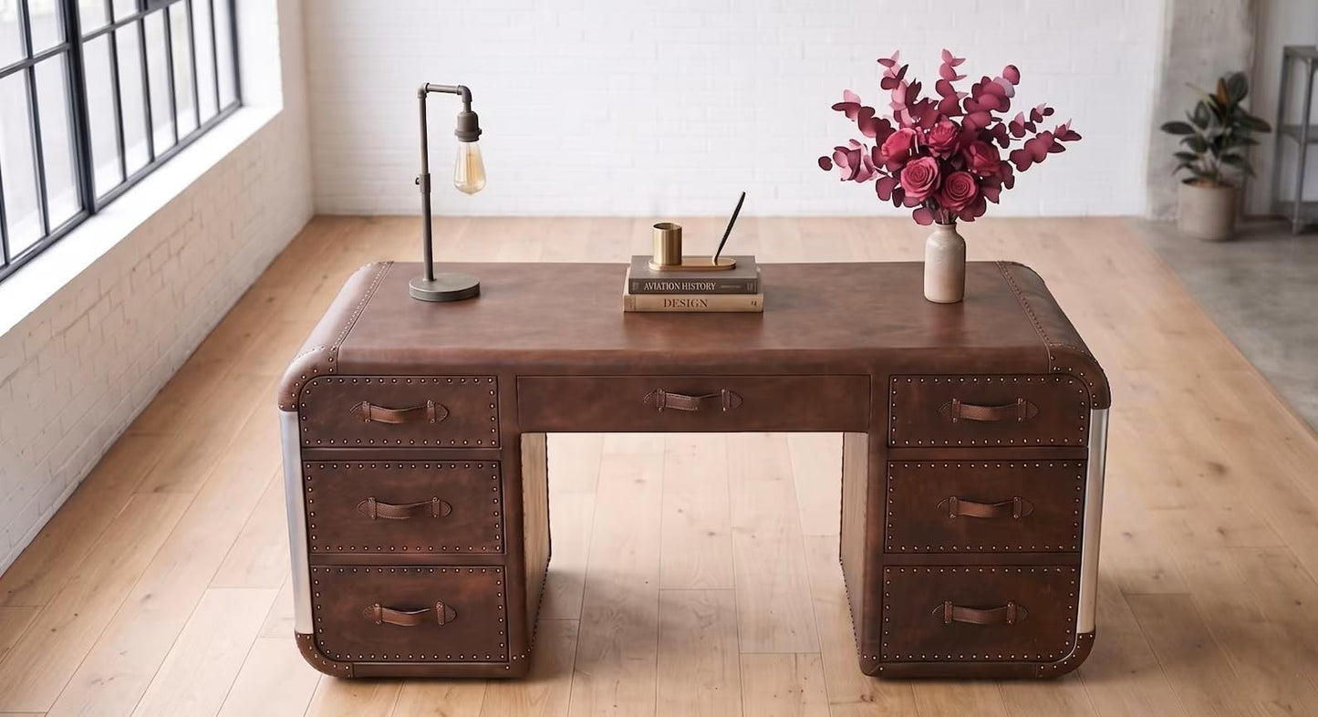 NauticalMart Industrial Aviator Executive Desk with 7 Drawers, Handcrafted Vintage Brown Leather & Aluminum Office Desk, Aircraft-Inspired Rivet Writing Table for Home Office (72" W X 28" D X 30" H)