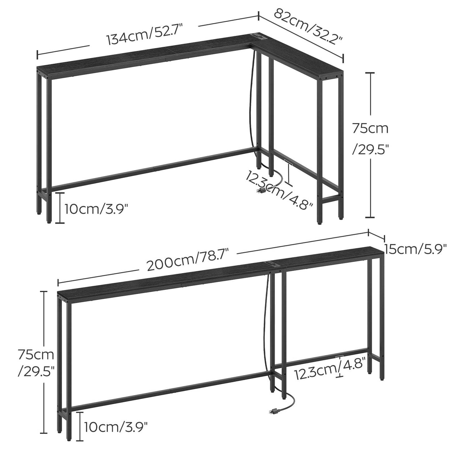 YATINEY Narrow Console Table with Outlets, 78.7" Sofa Table Narrow Long, L Shaped Behind Couch Entryway Table with Charging Station, for Living Room, Hallway, 3 Assembly Options, Black CT17UBB
