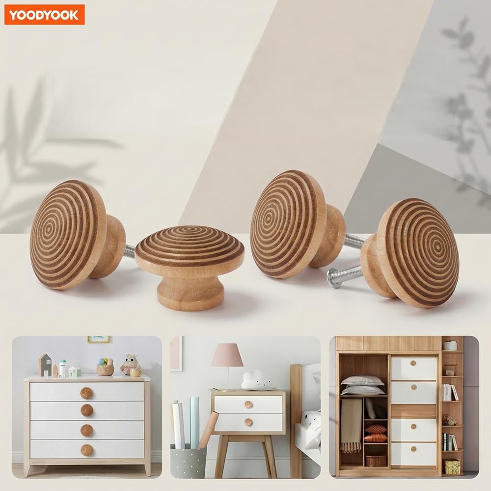 YOODYOOK 4 Pack Wooden Drawer Knobs - Handmade Cabinet Knobs with Easy Installation for Kitchen Cabinets & Dresser Drawers, Boho Unique Wood Knobs for Home & Office Furniture Decor