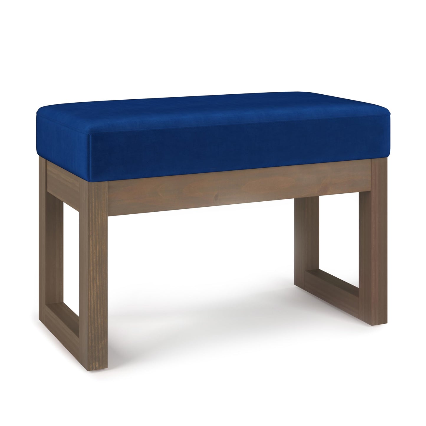 SIMPLIHOME Milltown Small Ottoman Bench - 27" Wide x 18" High Upholstered Velvet Fabric Rectangle Footstool Ottoman in Blue, Contemporary Bench for Bedroom with Cushioned Seat, Assembled