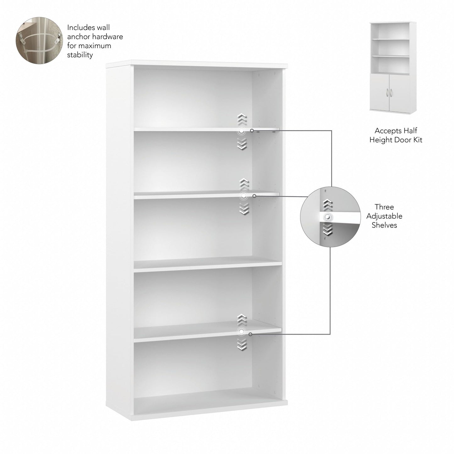 Bush Business Furniture Studio C Tall 5 Shelf Bookcase in White, Large Bookshelf for Home or Professional Office
