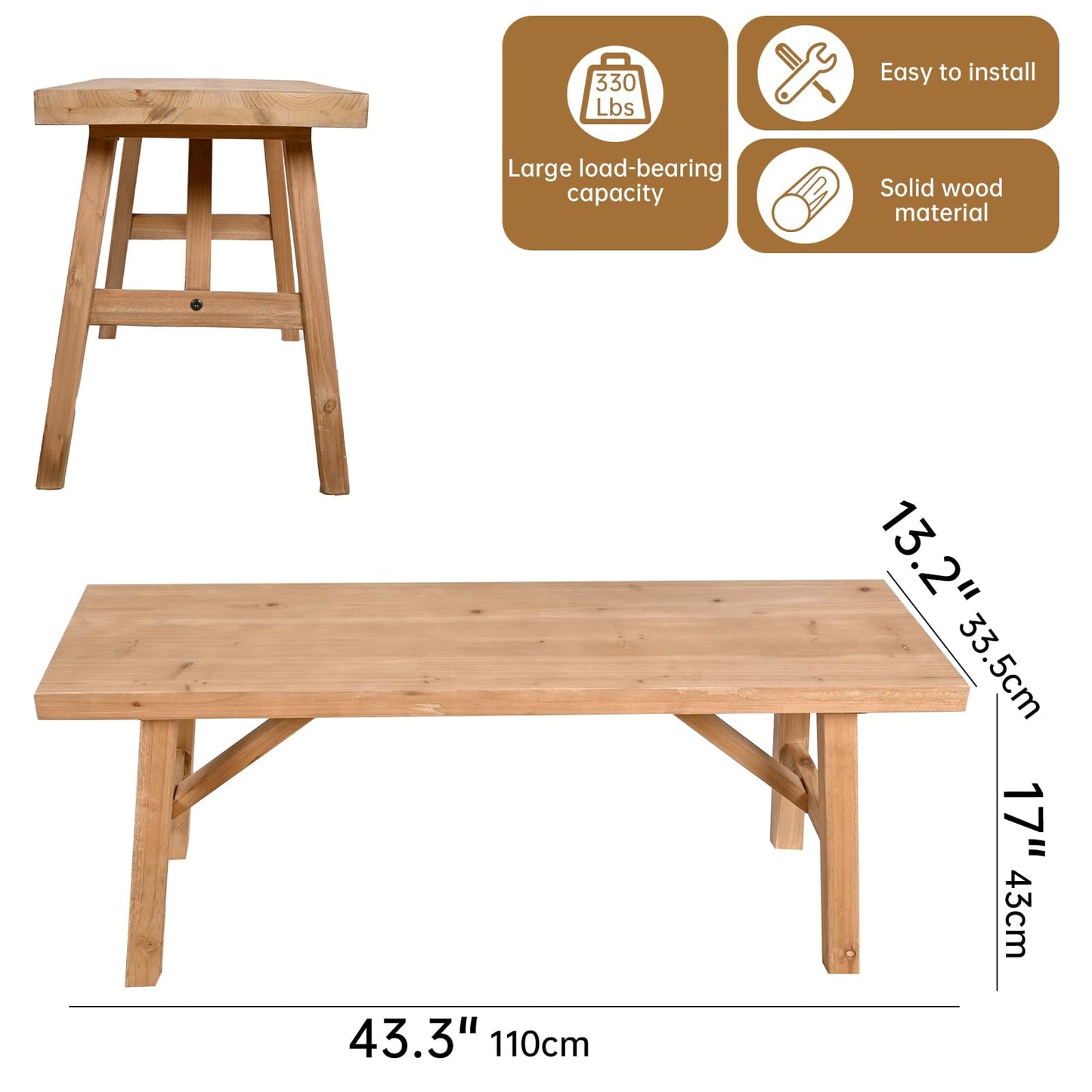 SwallowLiving 43" Solid Wood Entry Bench - Rustic Farmhouse Style Hallway Seating for Living Room, Dining Room Entryway - Handcrafted Natural Finish