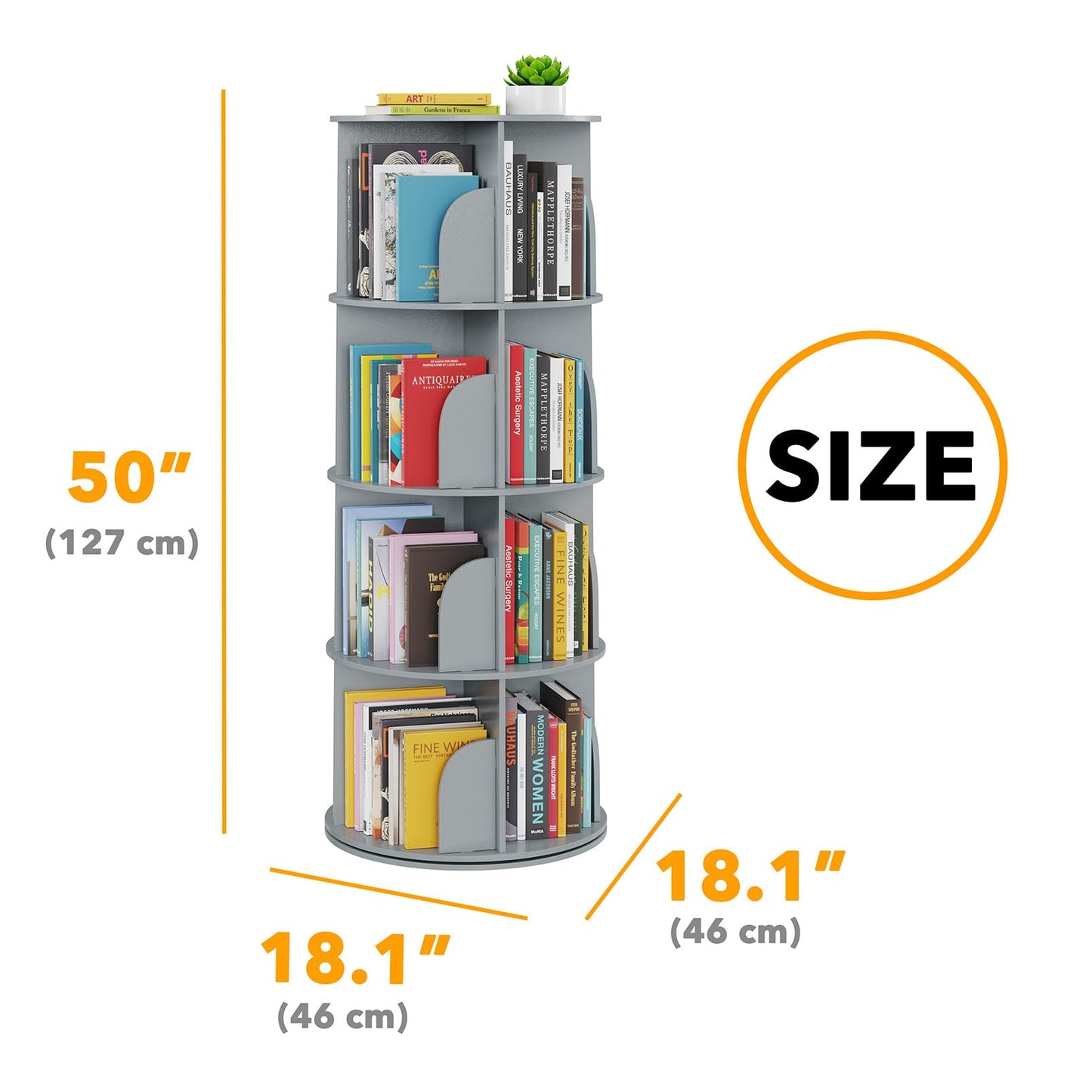 SpaceAid 4 Tier Rotating Bookshelf Tower, Spinning Bookcase Lazy Susan, Revolving 360 Book Shelf Storage Round Carousel, Vertical Rotate Turning Spiral Corner Organizer, Gray