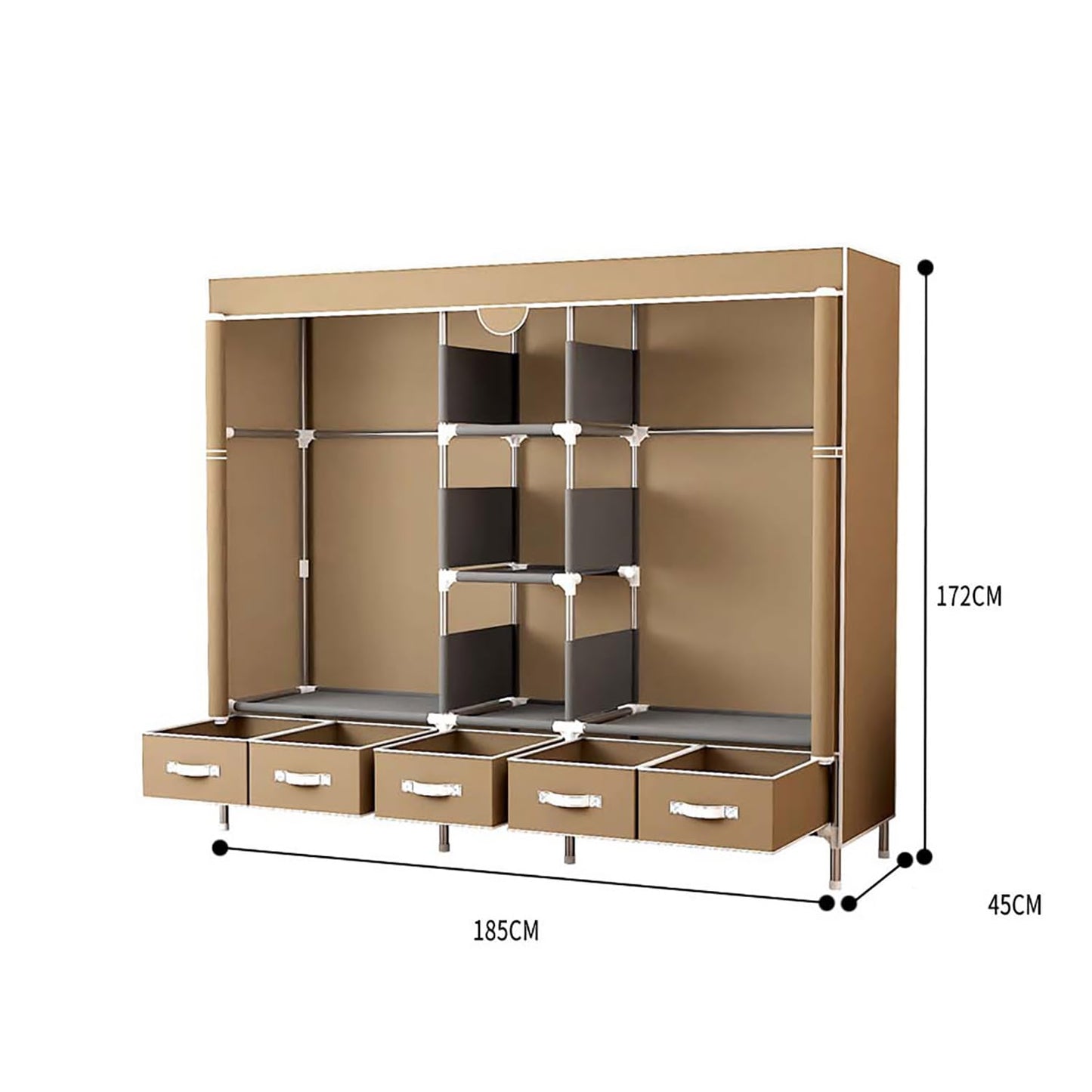 Kabudar Portable Fabric Closet with 5 Drawers, 72.8x17.7x67.7 Inch Sturdy Clothing Storage Organizer with Hanging Rod, Non-Woven Wardrobe for Bedroom Dorm Apartment (Coffee)