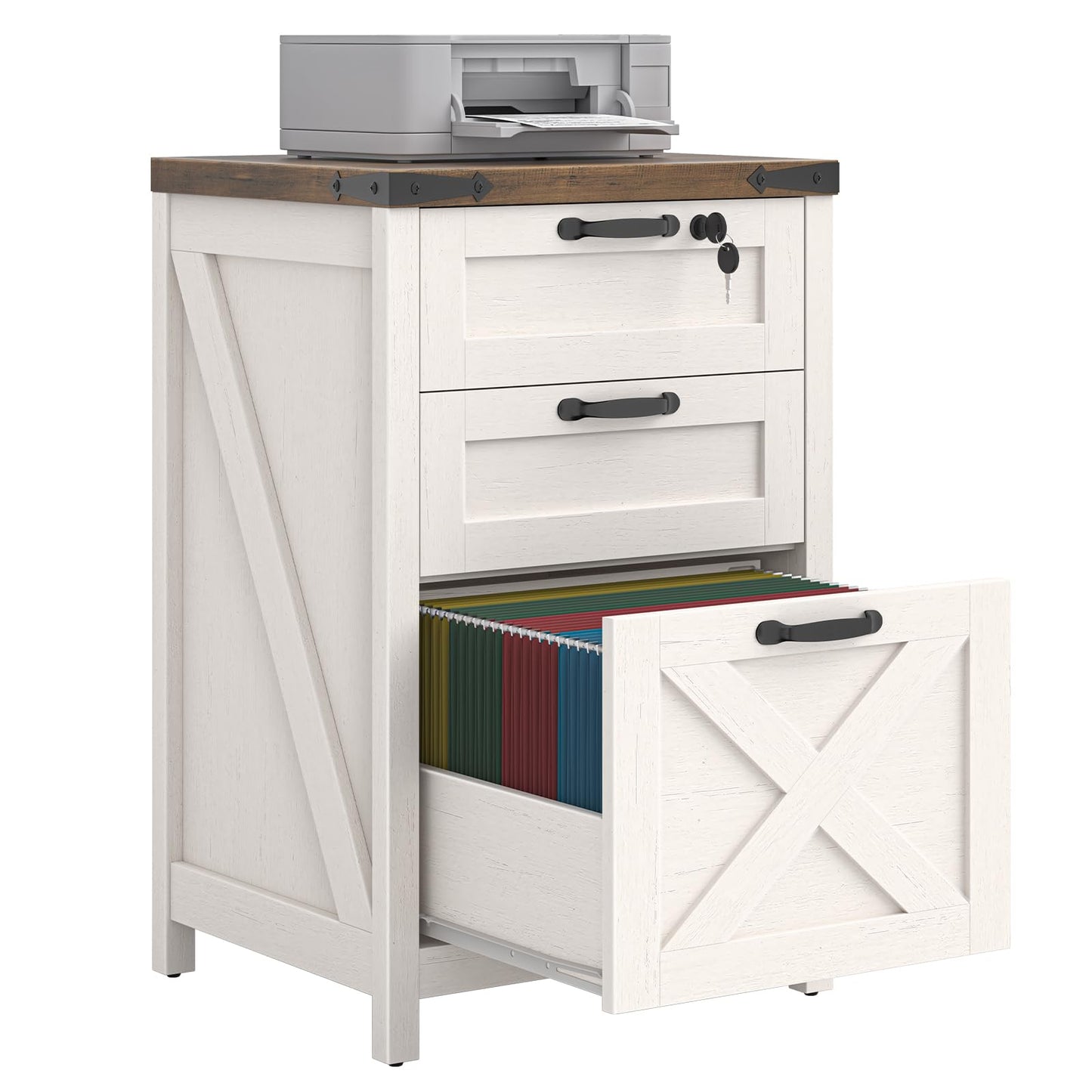 Halitaa 3 Drawer Small File Cabinet with Lock, Farmhouse Vertical Filing Cabinet Fits Letter and A4 Size, Under Desk Wooden File Cabinets for Home Office, Printer Stand, Rustic White