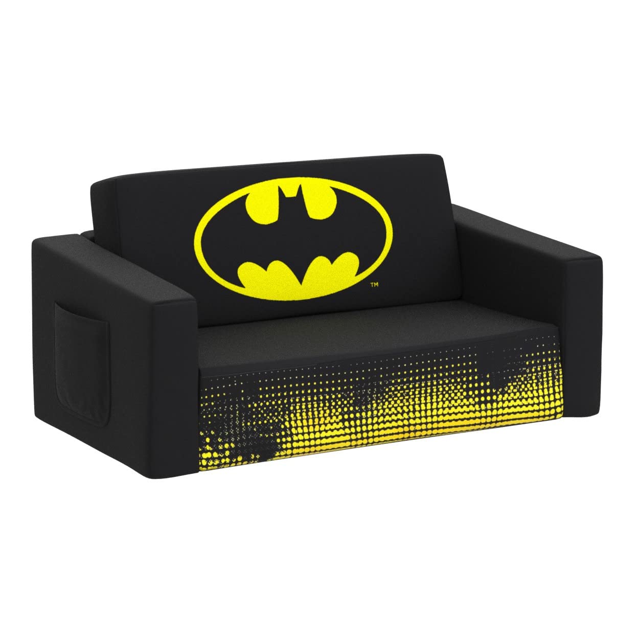 Delta Children Batman Cozee Flip-Out Sofa - 2-in-1 Convertible Sofa to Lounger for Kids Design & Store 6 Bin Toy Storage Organizer, Batman,Engineered Wood