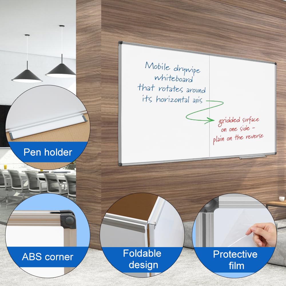 NEWPUTE Large Magnetic Whiteboard 48 x 36 Inch, Foldable Dry Erase White Board with Pen Tray, Big Aluminum Frame Folding Message Presentation Board for Wall