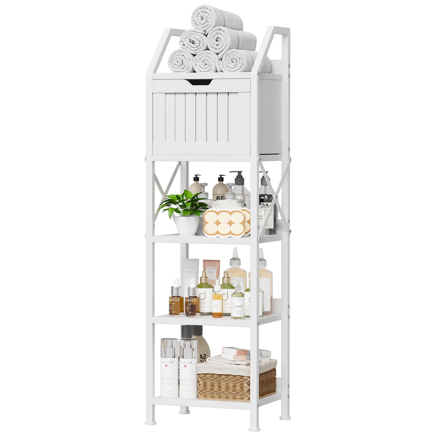 Homeiju Bathroom Floor Cabinet, 5-Tier Bathroom Storage Organizer Rack with Drawer, Multifunctional Corner Unit, 47.24 Inches in Height, White