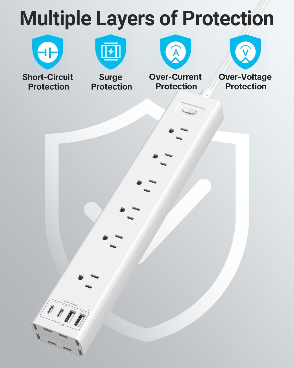 360° Mountable Surge Protector Power Strip with 4 USB Ports (2 USB C), 6 FT Electrical Outlet & Flat Plug Extension Cord for Under Desk, Wall, or Corner Mount (White)