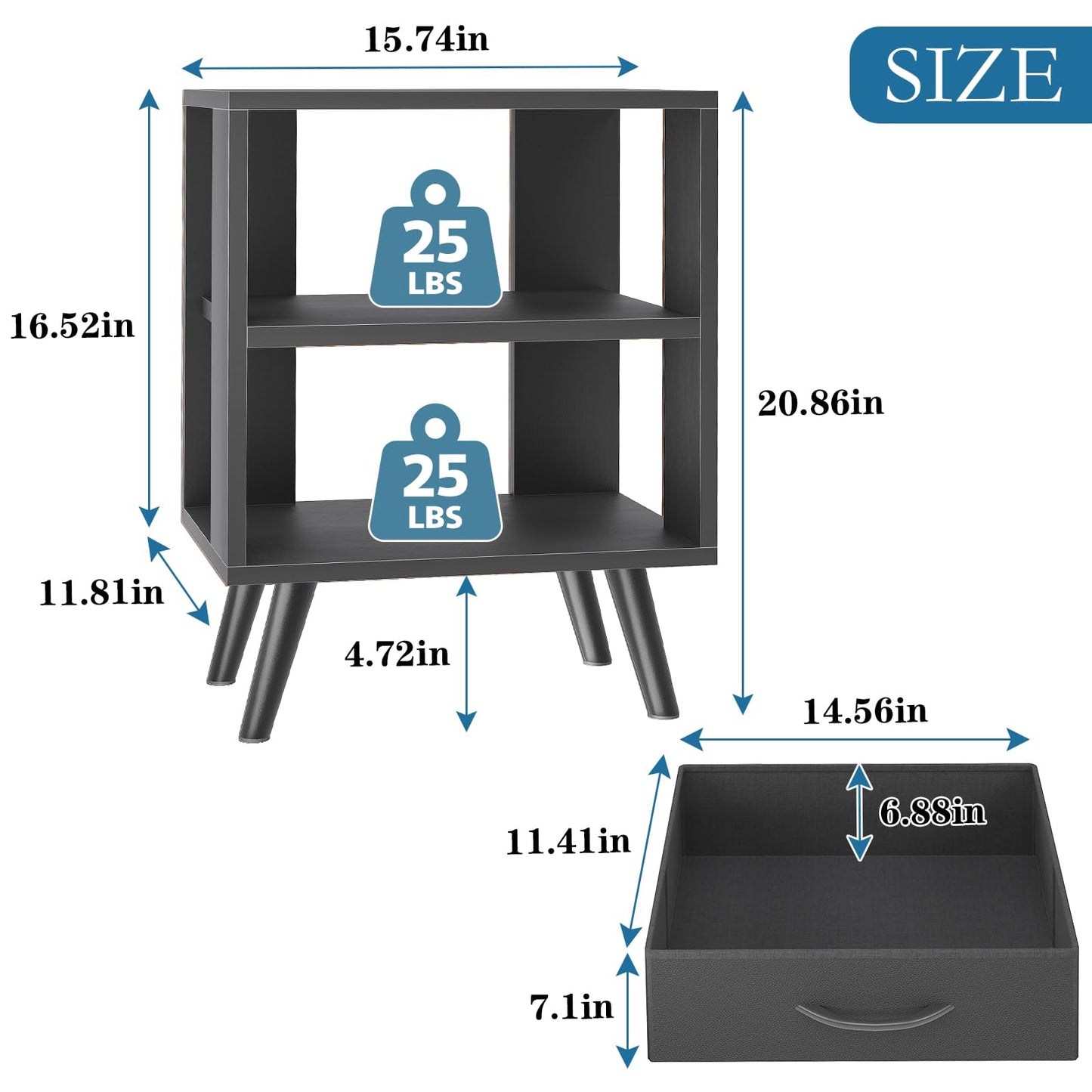 Aenuert Night Stand, Black Nightstand with Drawer, Side Table with Open Storage, 2-Tier Modern End Table, Bedside Table for Small Space, Living Room, Bedroom