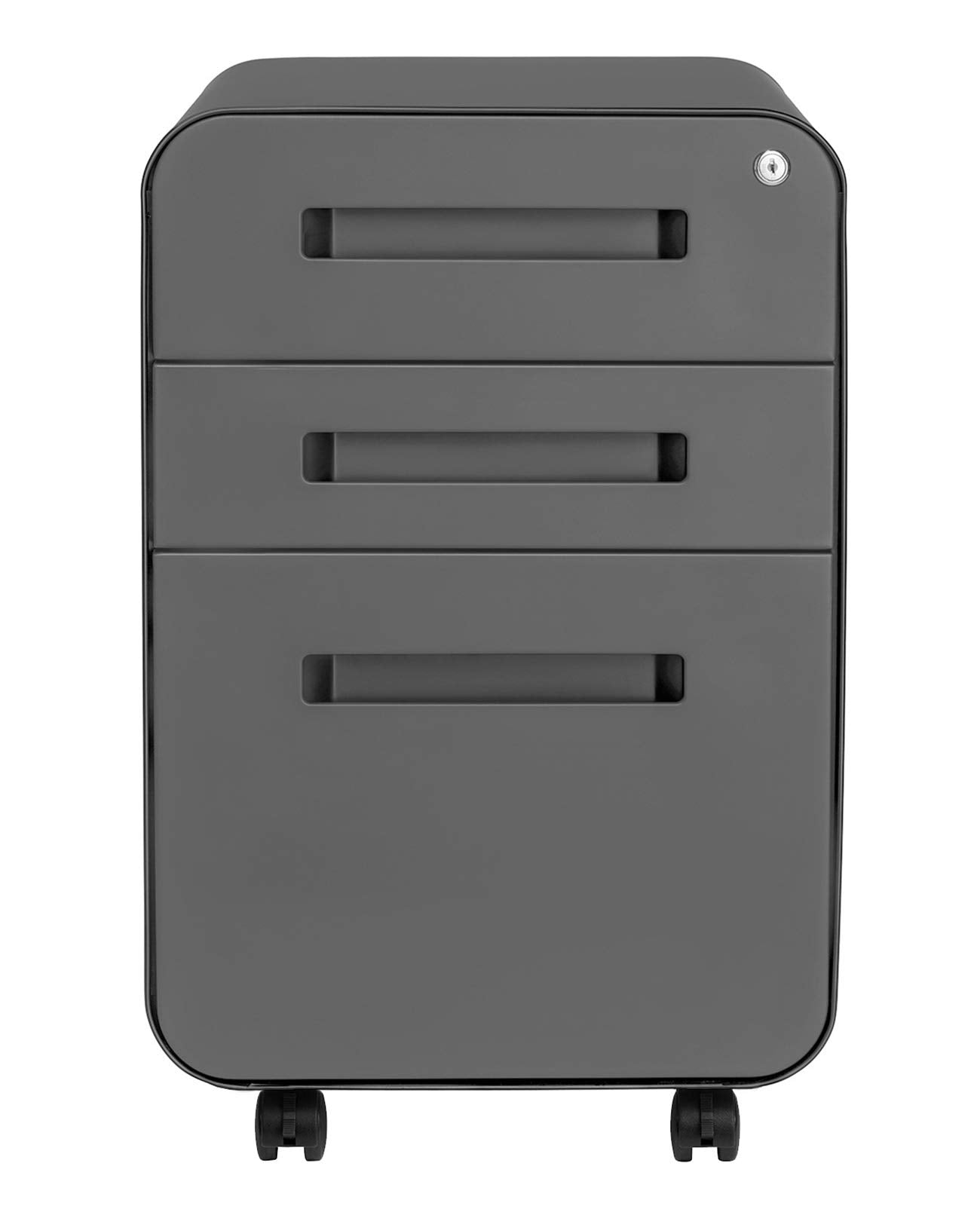 Laura Davidson Furniture Stockpile 3 Drawer File Cabinet with Lock - Under Office Desk Metal Filing Cabinet, Legal/Letter File Folders, Wheels and Stationary Feet, Pre-Assembled, Dark Grey