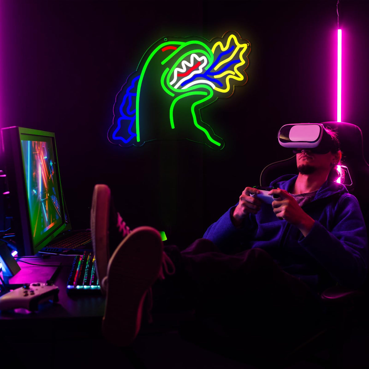 TOPQUALI Monster Neon Sign for Wall Decor,Dinosaur Dimmable Neon Sign for Gaming Room Boys Room Decor，Powered by USB 14.3 * 12.2inch,Birthday Party Christmas Gifts
