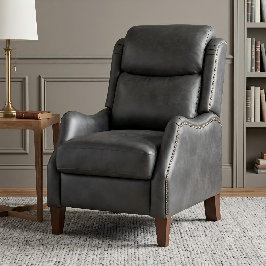 KISLOT Faux Leather Pushback Recliner Chair with Rivet Trim, Vintage Manual Accent Armchair, Single Sofa for Living Room Bedroom Office