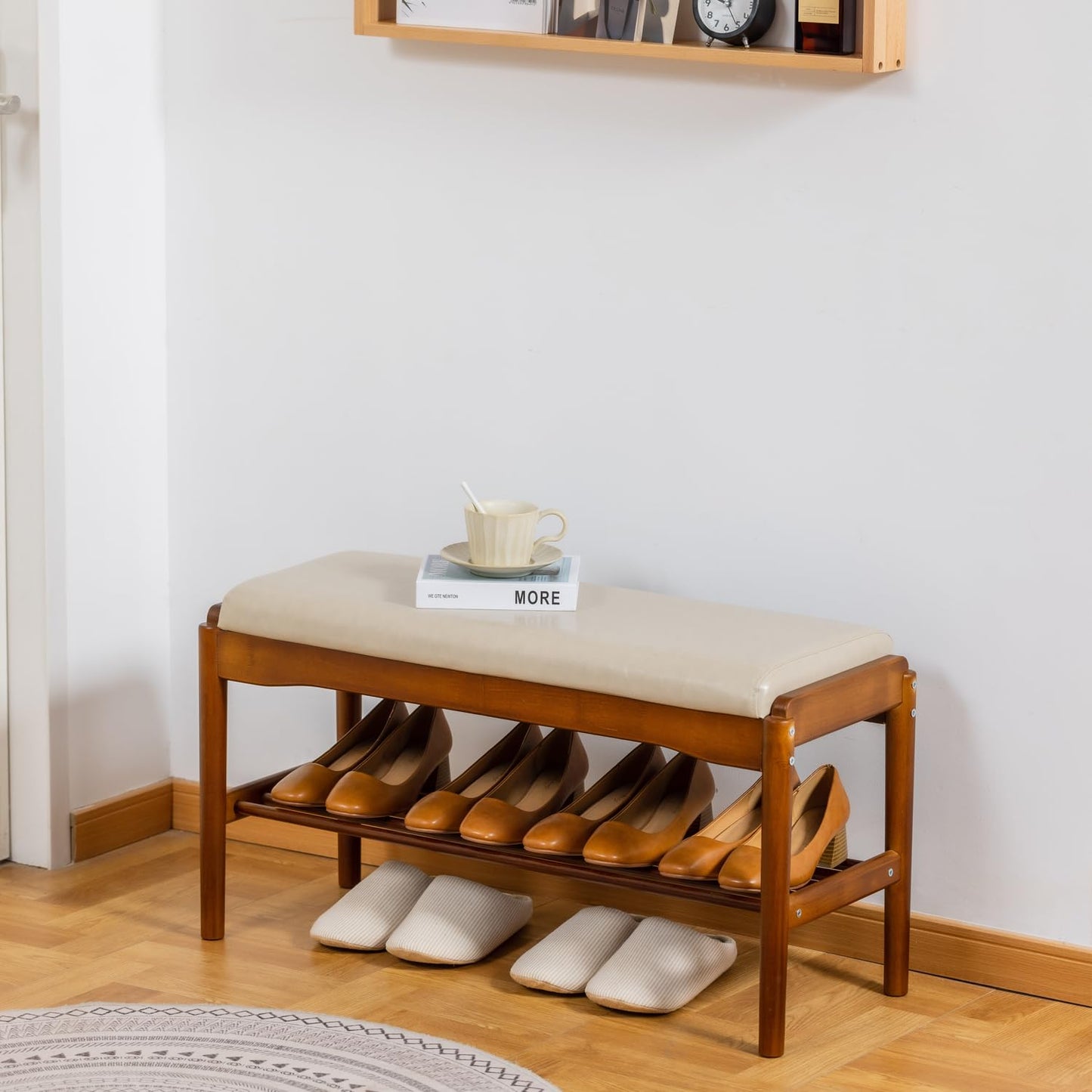 SOBIBO Entryway Shoe Bench with Cushioned Seat, 2-Tier Rubberwood Shoe Rack Storage Organizer for 8-12 Pairs, 31.5" Shoe Storage Bench (Beige)